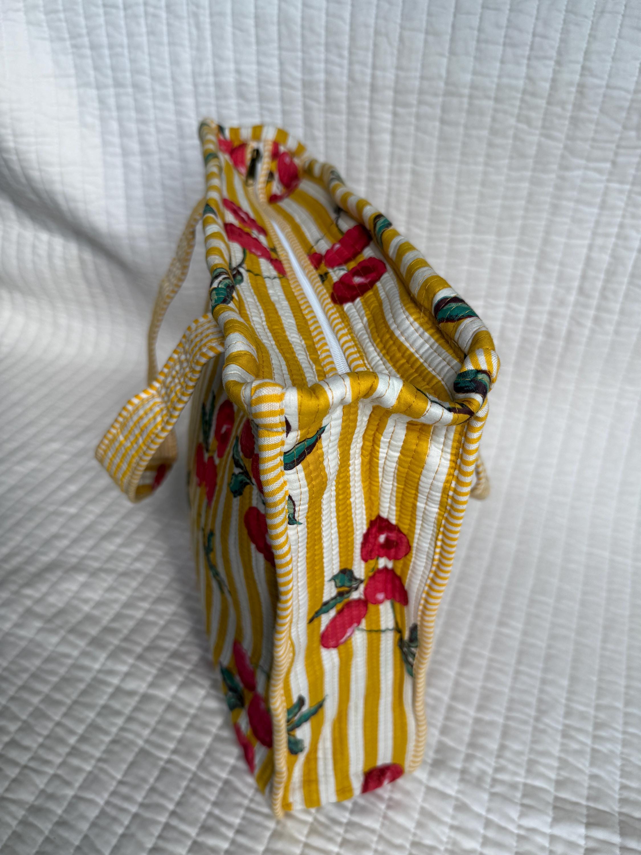 Quilted Cherry Tote Bag, Yellow Stripe, Cottage Core Shoulder Travel Bag