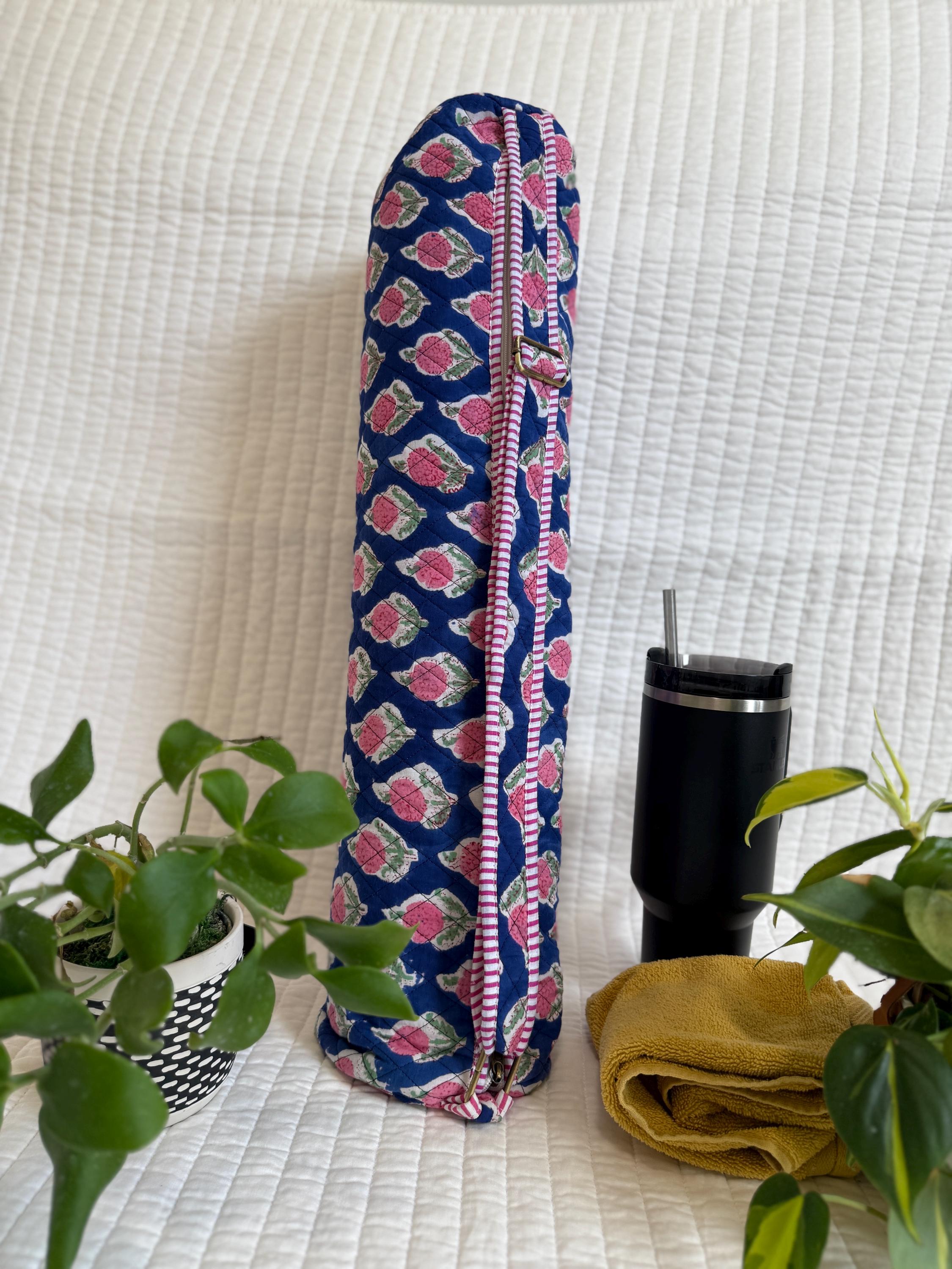 Quilted Block Print Yoga Mat Bag, Boho Gym Tote, Pilates Carrier,Gift for Mom
