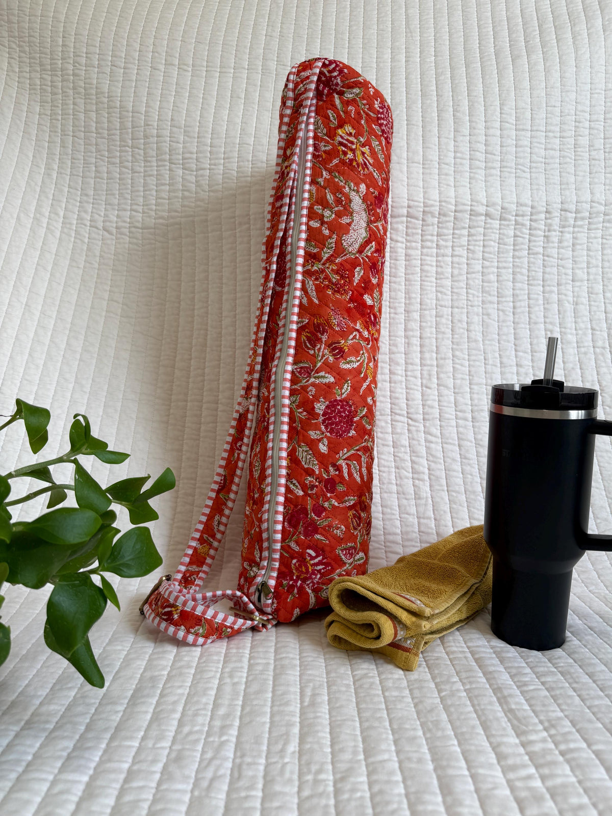 Quilted Cotton Yoga Mat Bag, Block Print Boho Gym Tote, Pilates Carrier