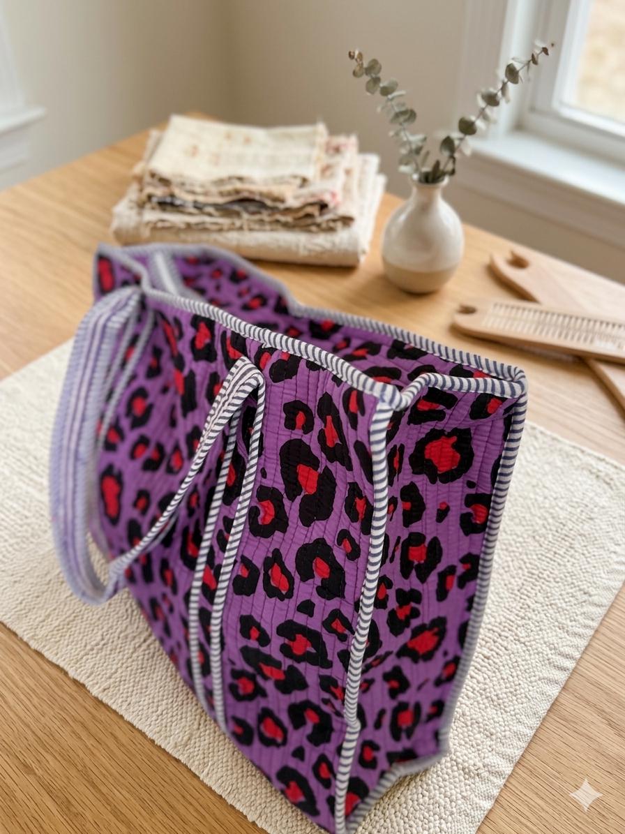 Purple Leopard Print Quilted Cotton Tote Bag |  Market Bag | 18” x 18”