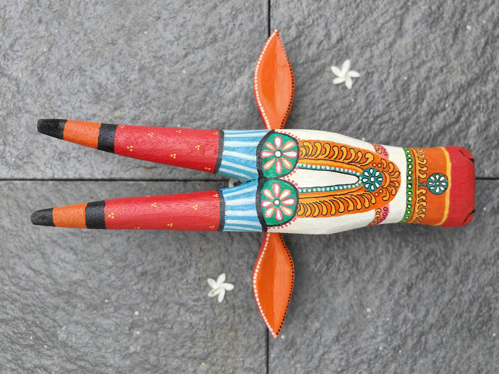 Mango Wood Bull Head White and Orange colour wall hanging in Indian traditional art Chettinad bull head masks In Jallikattu style