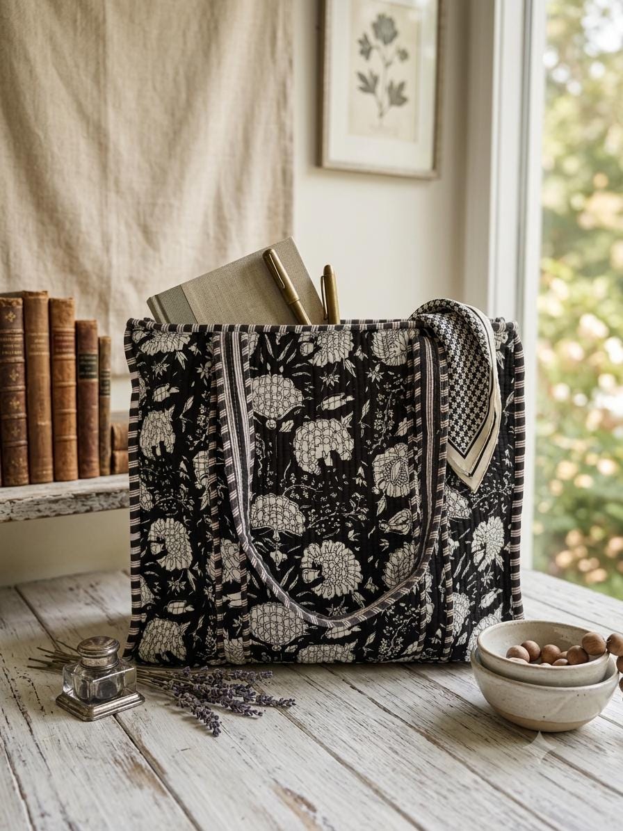 Black and White Quilted Cotton Tote Bag |  Market Bag | 18” x 18”