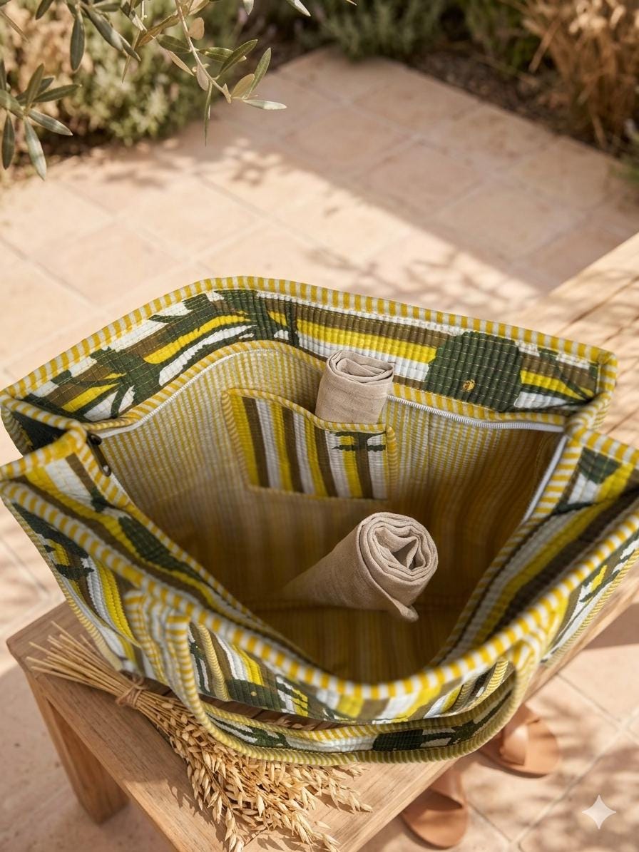 Sun & Bloom Tote — Yellow Stripe Floral Market Bag | 18” x 18”