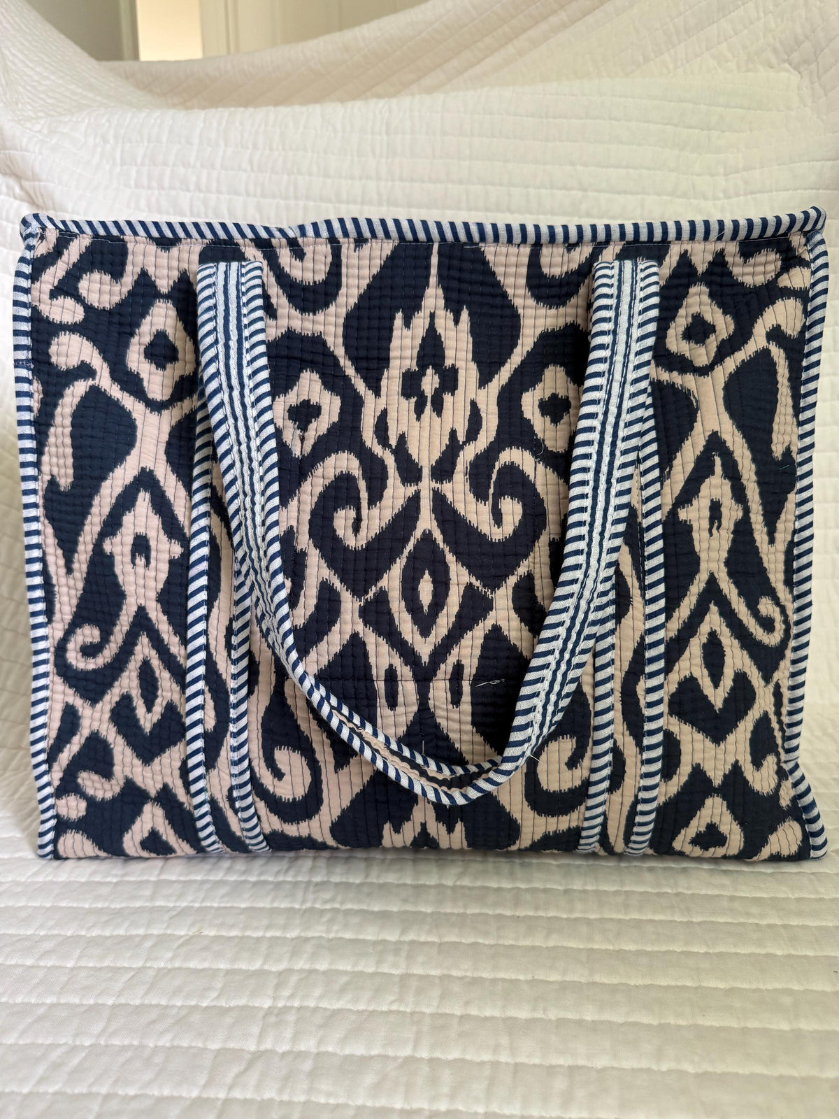 Black and Beige Quilted Cotton Tote Bag |  Market Bag | 18” x 18”