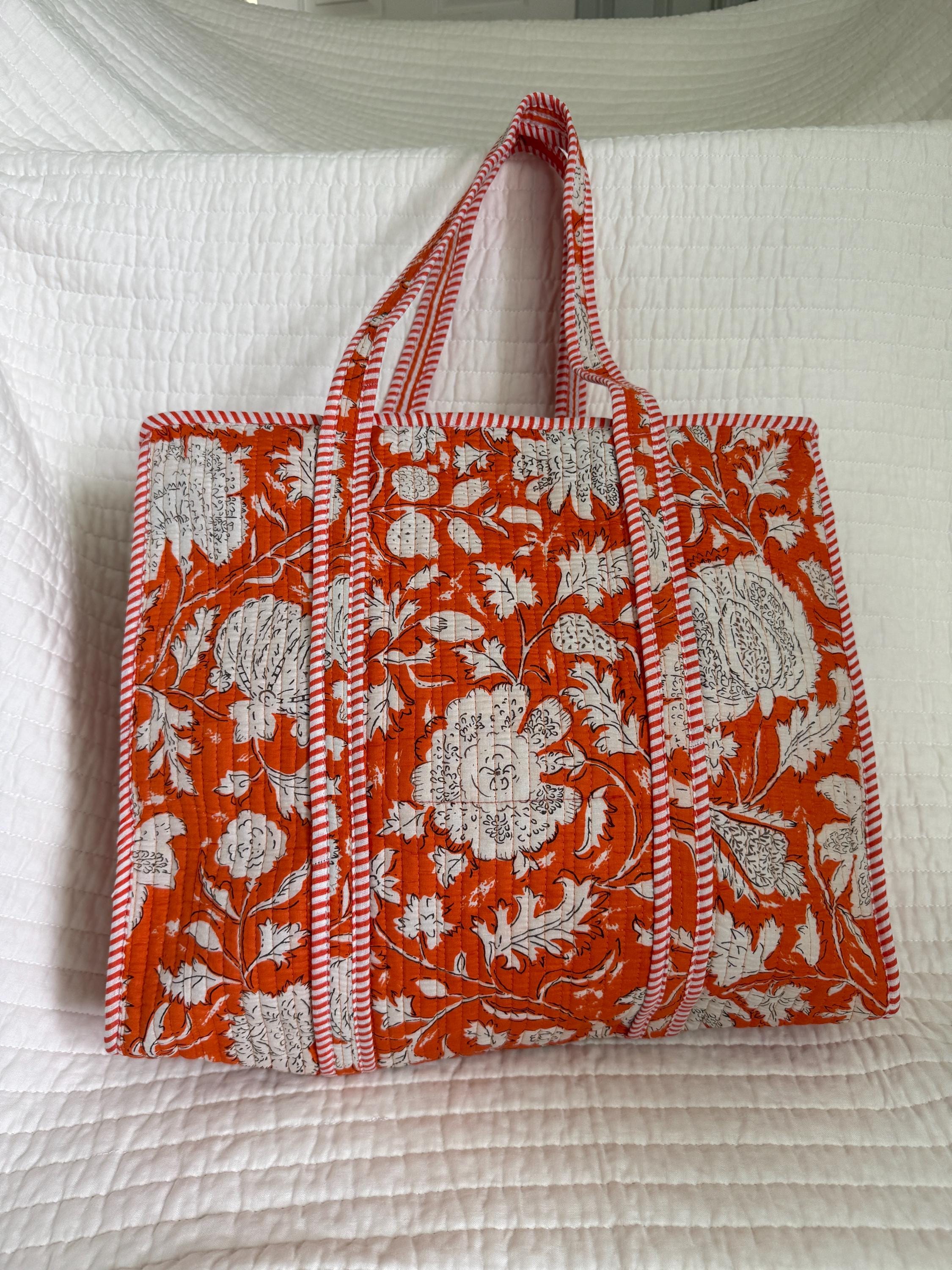 Orange Tote Bag |  Floral Market Bag | 18” x 18”