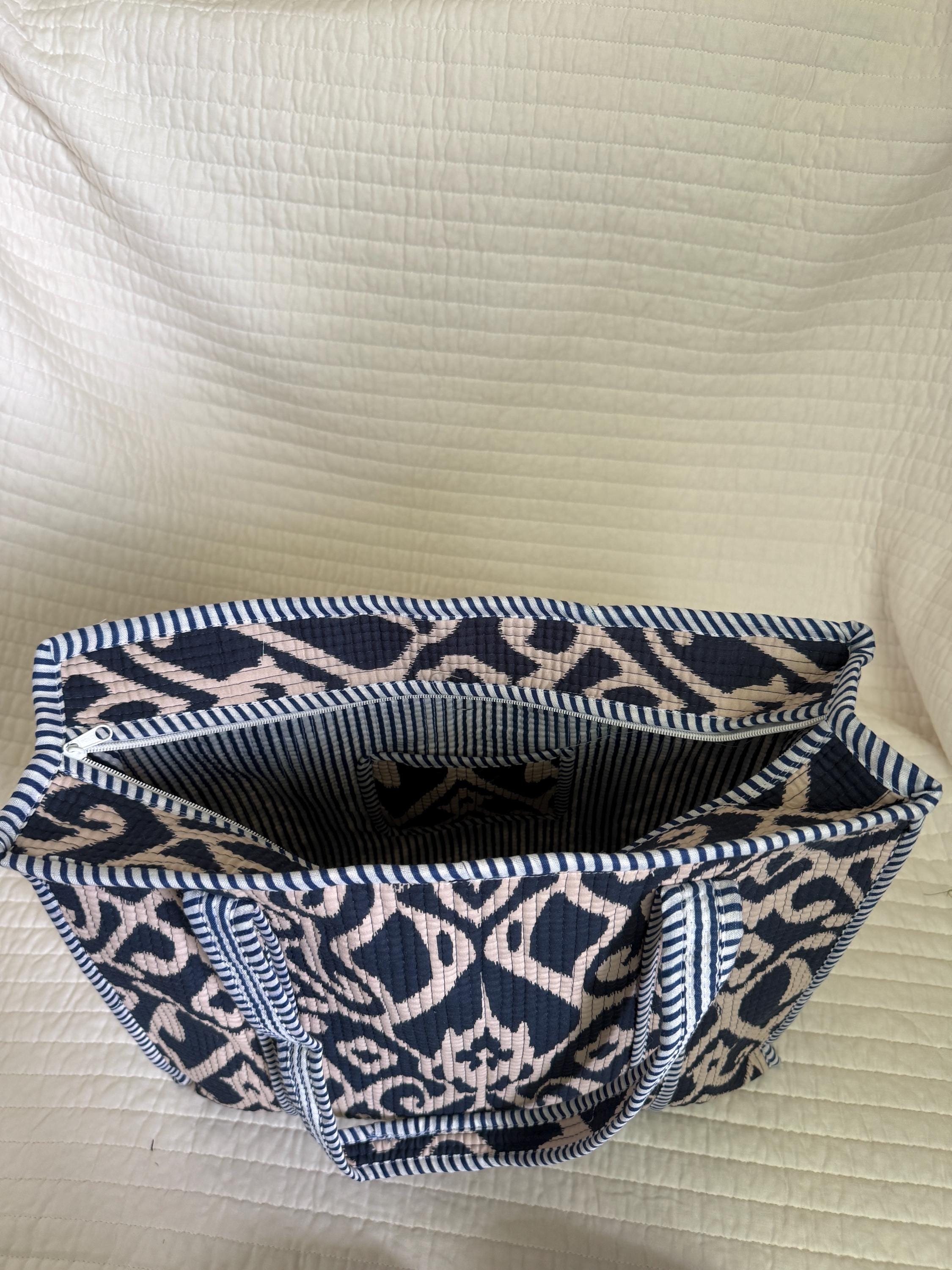 Black and Beige Quilted Cotton Tote Bag |  Market Bag | 18” x 18”