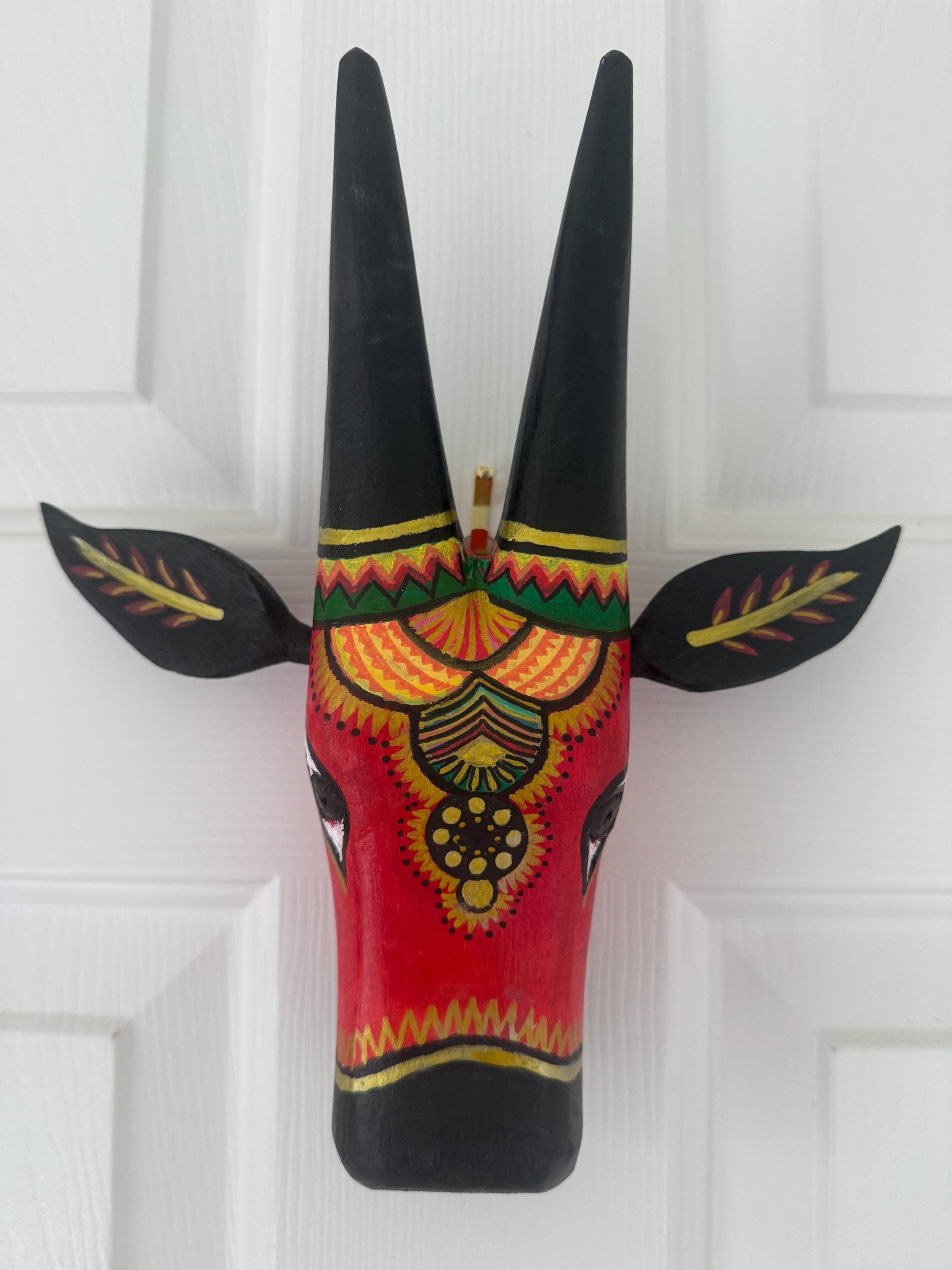 Mango Wood Indian Wall art Bull heads in Red and Black featuring Chettinad Style
