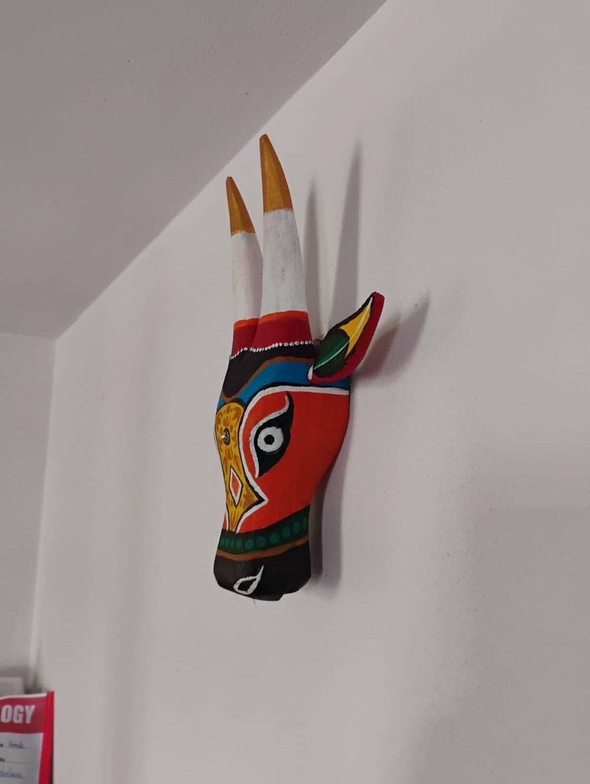 Mango Wood Bull Head Mask, Red & White Indian Art Wall Hanging