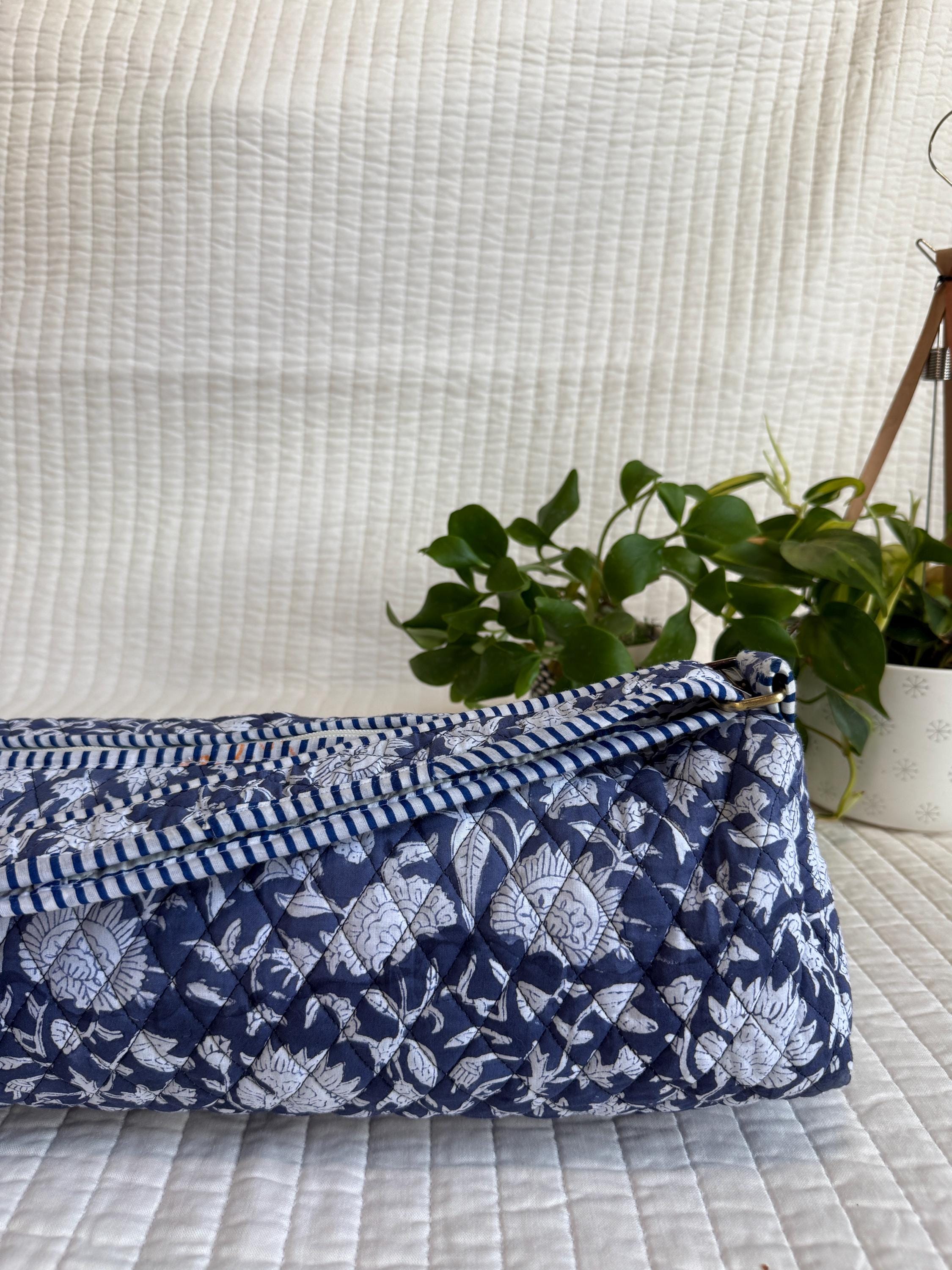 Quilted Cotton Yoga Mat Bag, Block Print Boho Gym Tote, Pilates Carrier