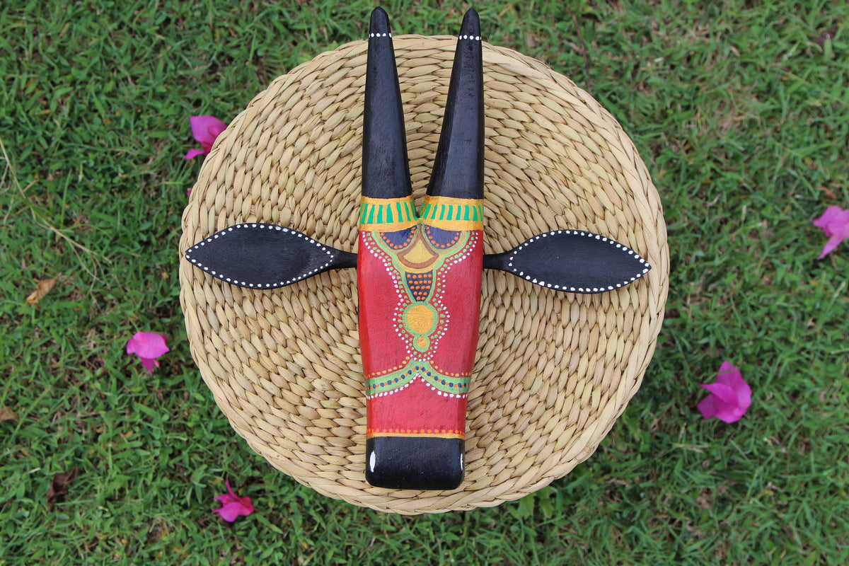 Mango Wood Indian Wall art Bull heads in Red and Black featuring Chettinad Style