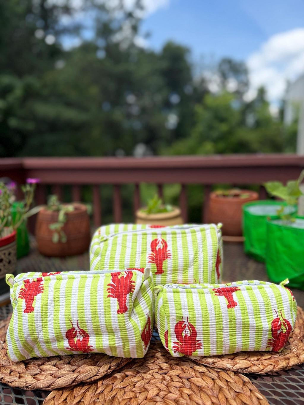 Quilted Cotton Handblock Printed Travel Pouches , Makeup Organizer - Green Lob