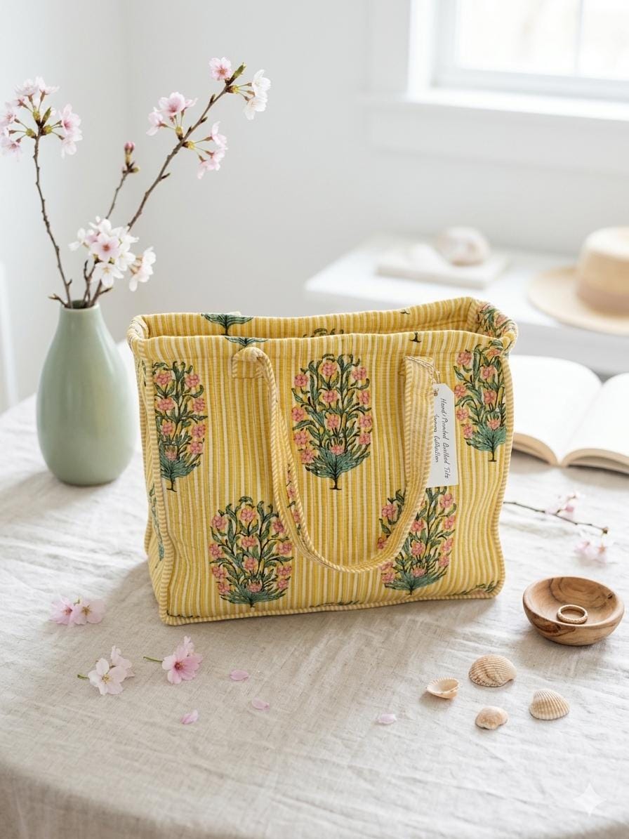 Sun & Shine Tote — Yellow Stripe Floral Market Bag | 18” x 18”