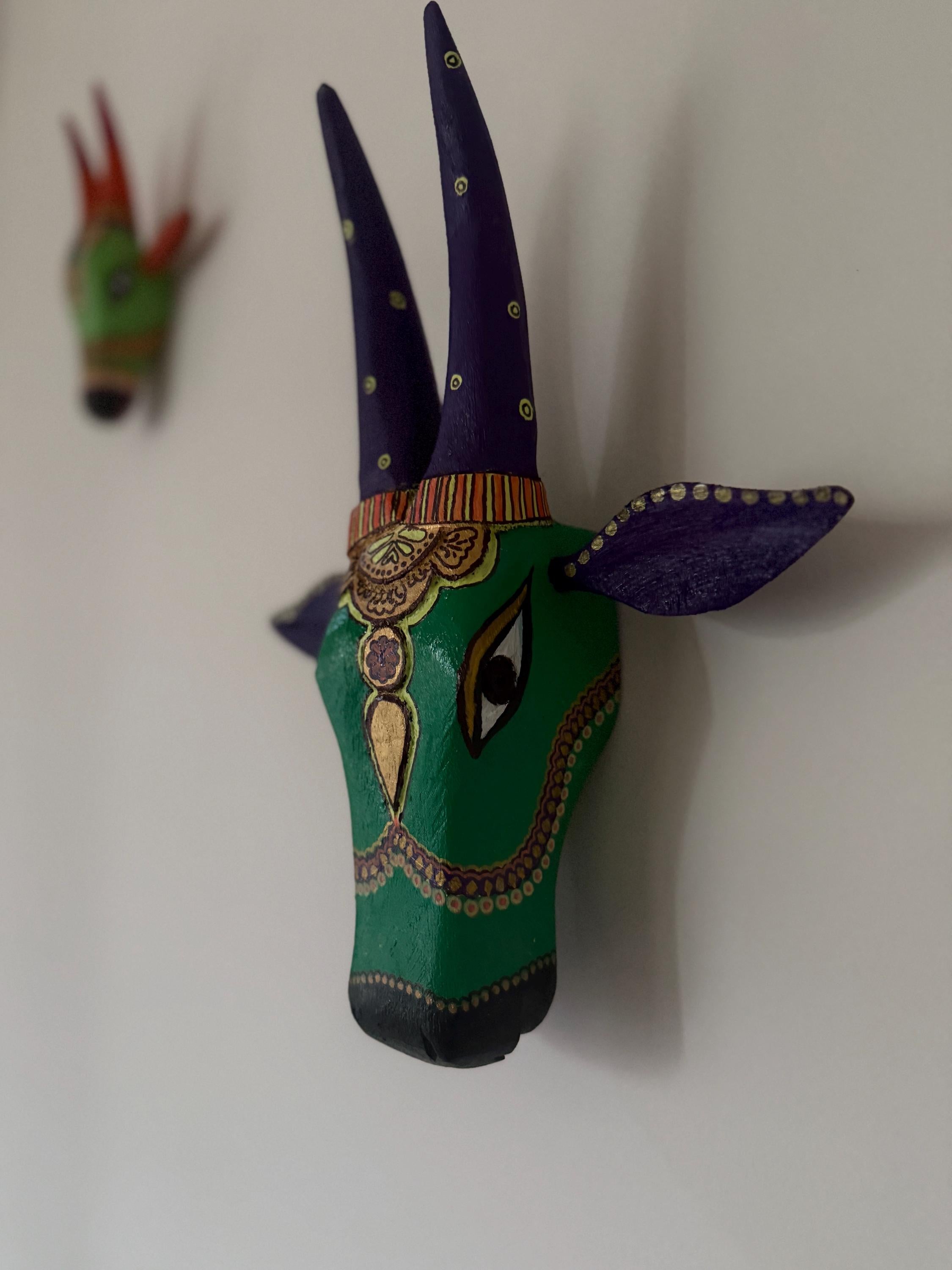 Mango Wood Bull Head Mask, Green & Purple Indian Art Wall Hanging