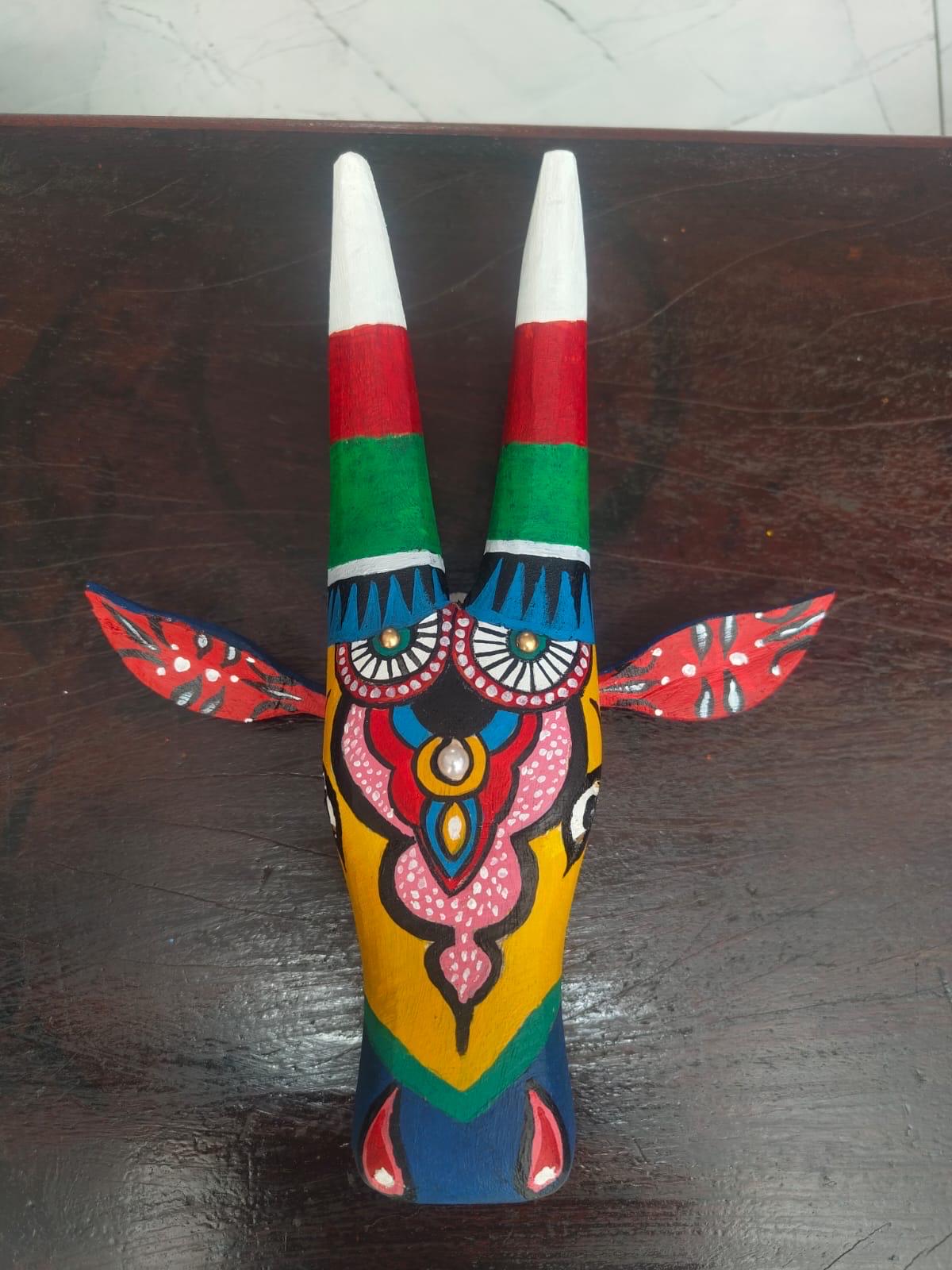 Mango Wood Bull Head Mask, Yellow & Red Indian Art Wall Hanging