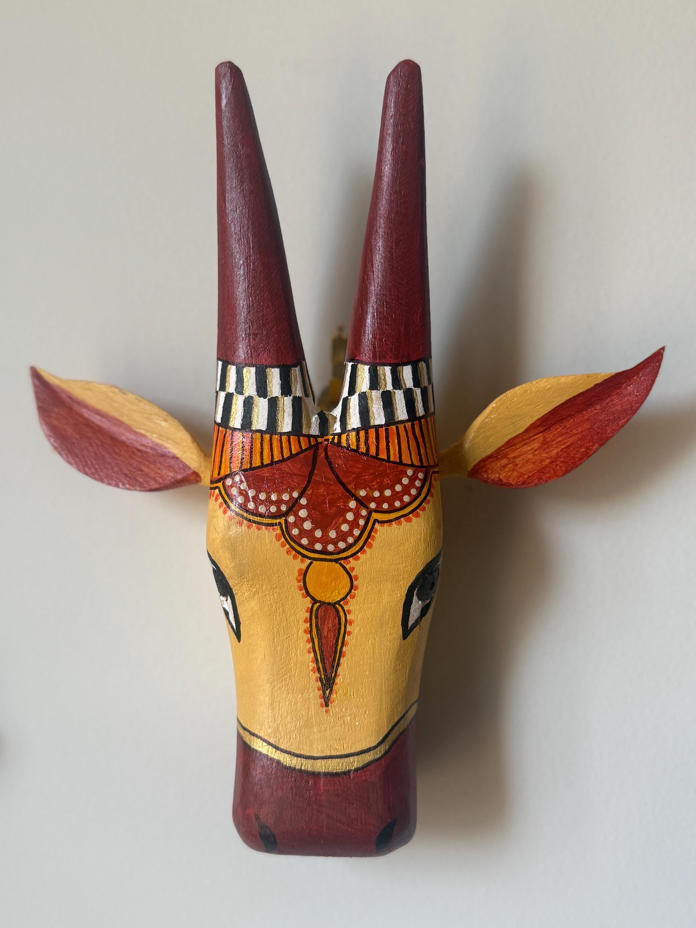 Mango Wood Indian Wall art Bull heads in Brown and Gold featuring Chettinad Style