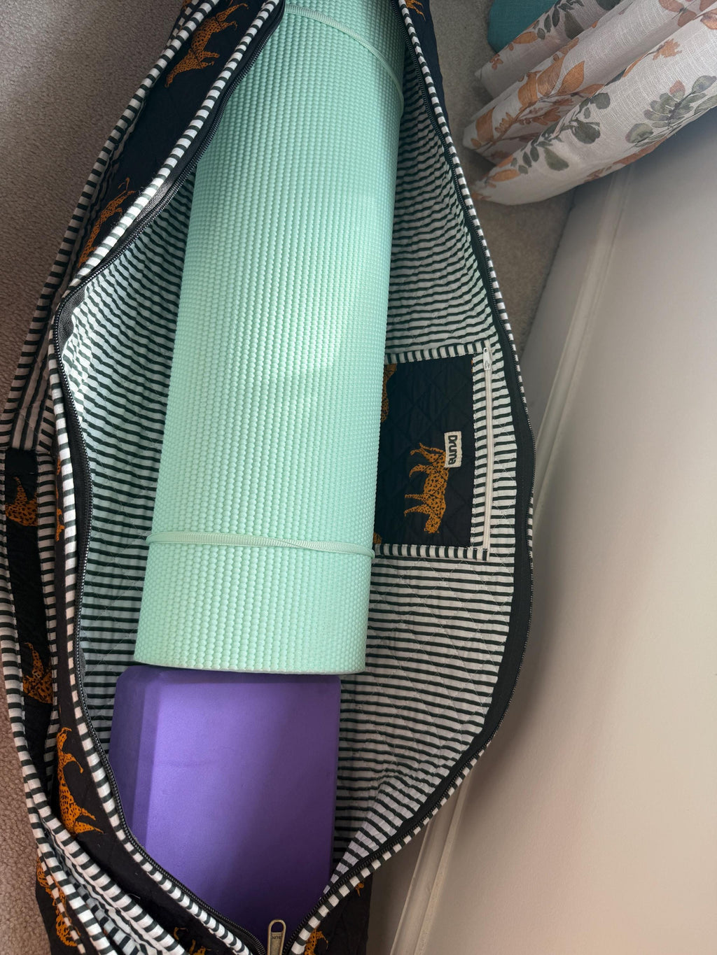 Quilted Cheetah Print Yoga Mat Bag, Boho Gym Tote, Pilates Carrier