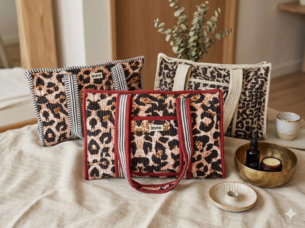 Quilted Cotton Leopard Print Mini Tote Bag, Boho Shoulder Travel Bag