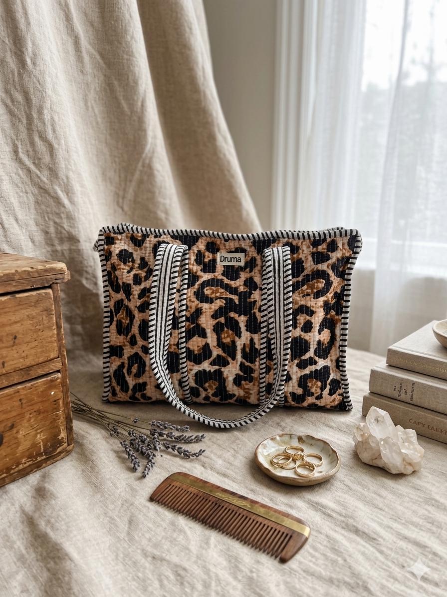 Quilted Cotton Leopard Print Mini Tote Bag, Boho Shoulder Travel Bag