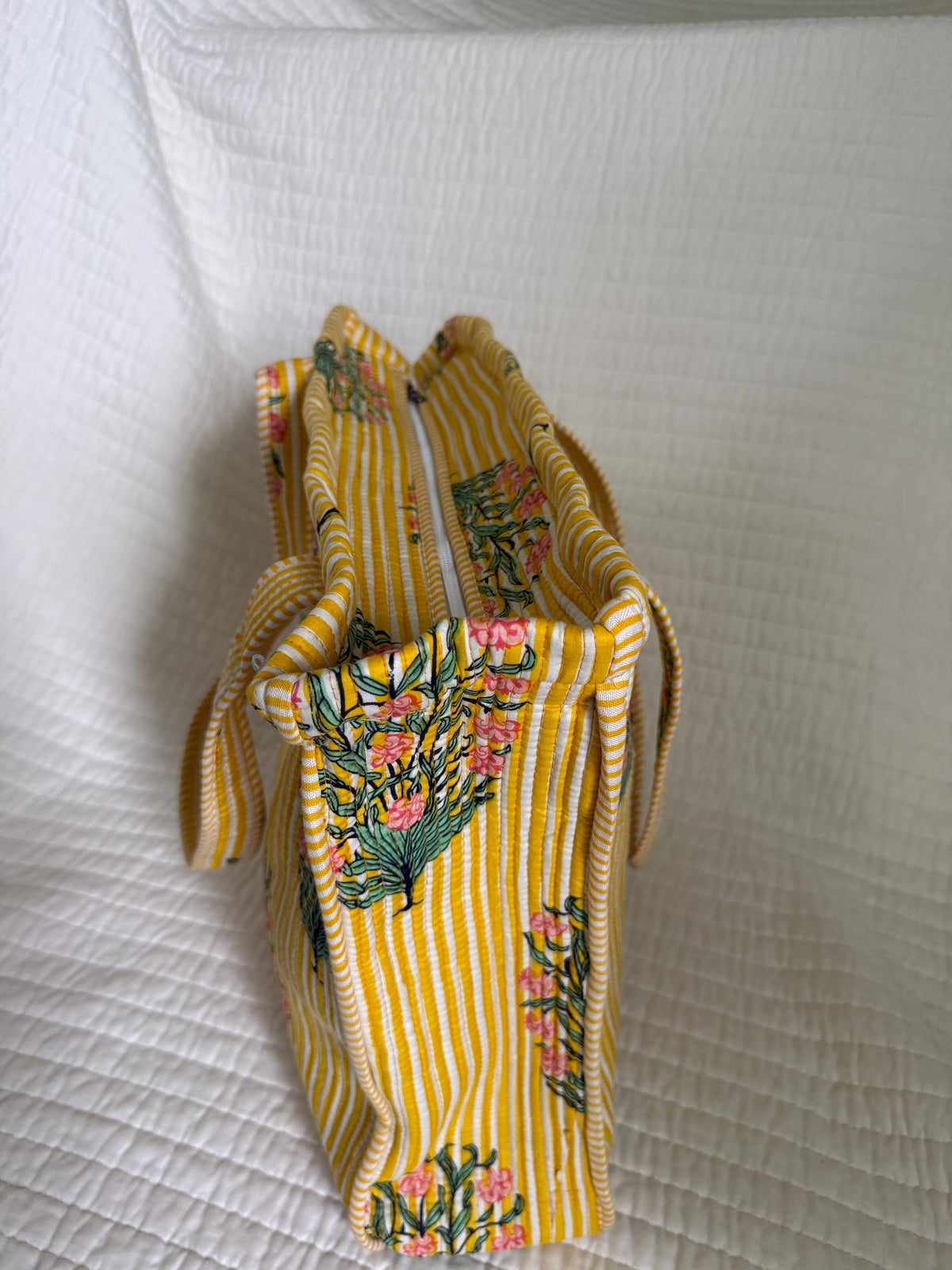 Sun & Shine Tote — Yellow Stripe Floral Market Bag | 18” x 18”
