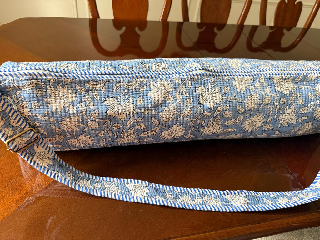 Quilted Cotton Yoga Mat Bag, Block Print Boho Gym Tote, Pilates Carrier
