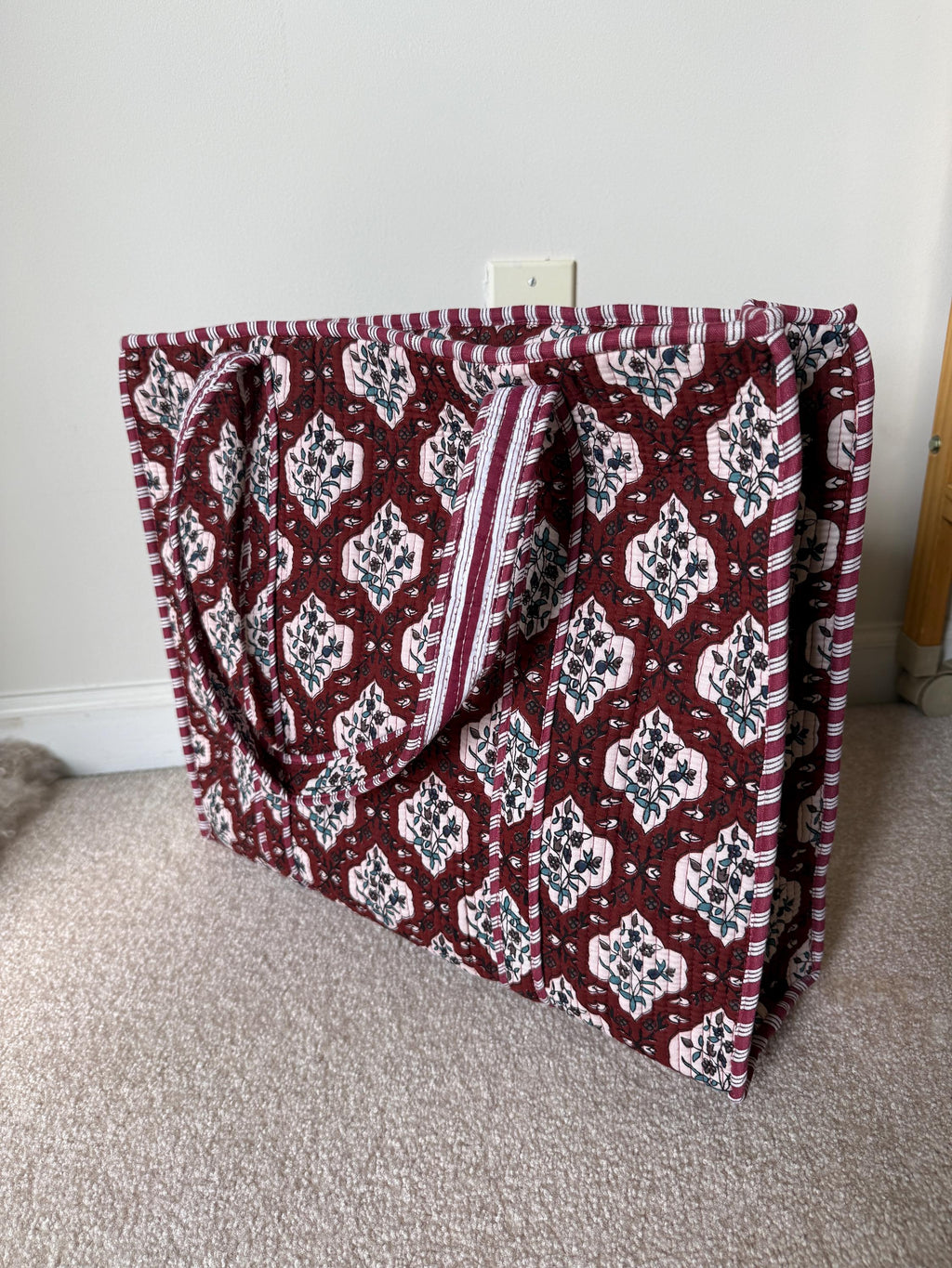 Quilted Cotton Tote Bag | Floral Print Market Bag 18” x 18”