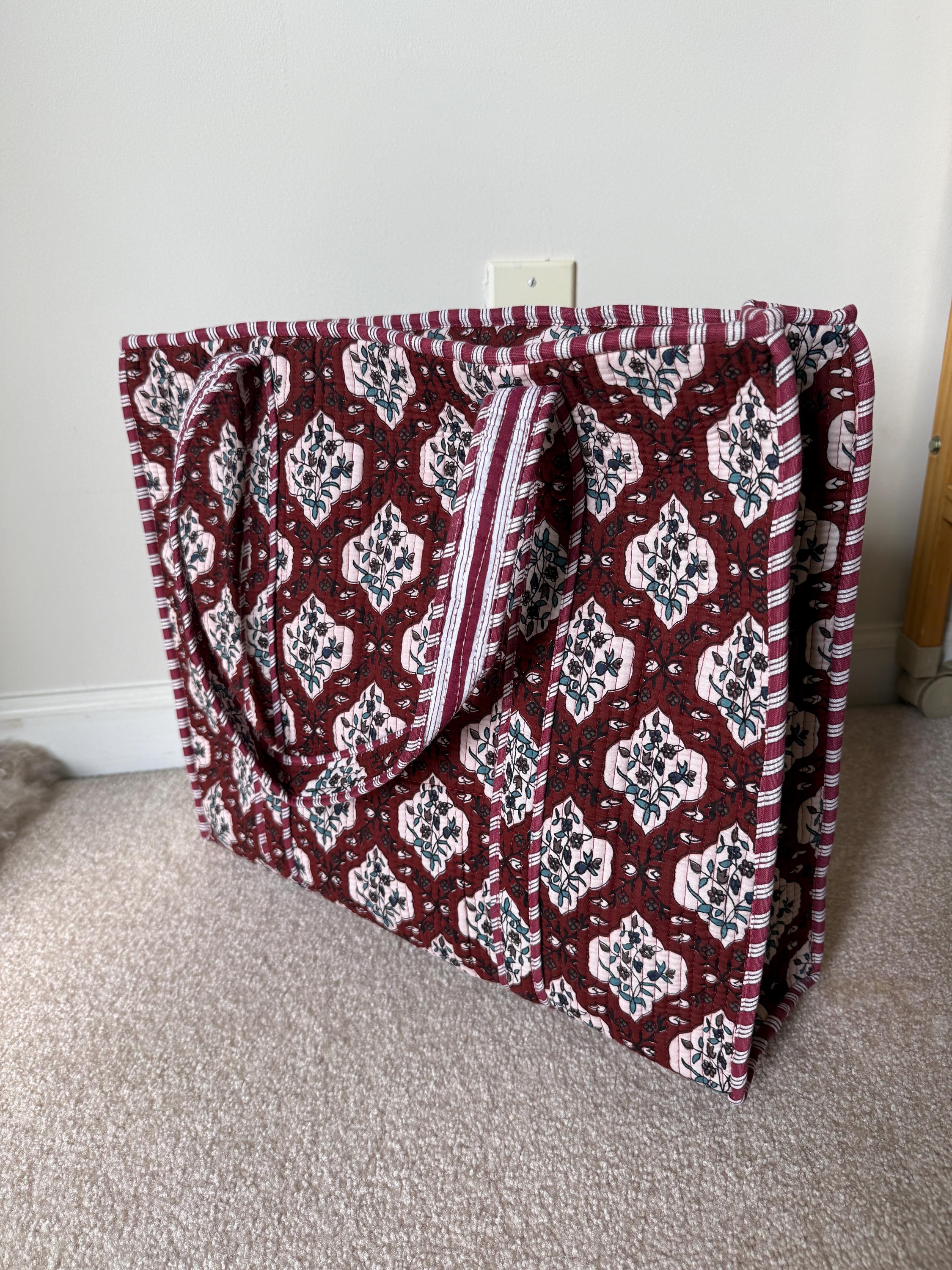 Quilted Cotton Tote Bag | Floral Print Market Bag 18” x 18”