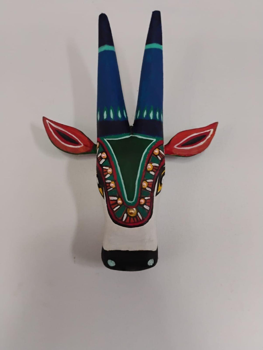 Mango Wood Bull Head Mask, White & Blue Indian Art Wall Hanging