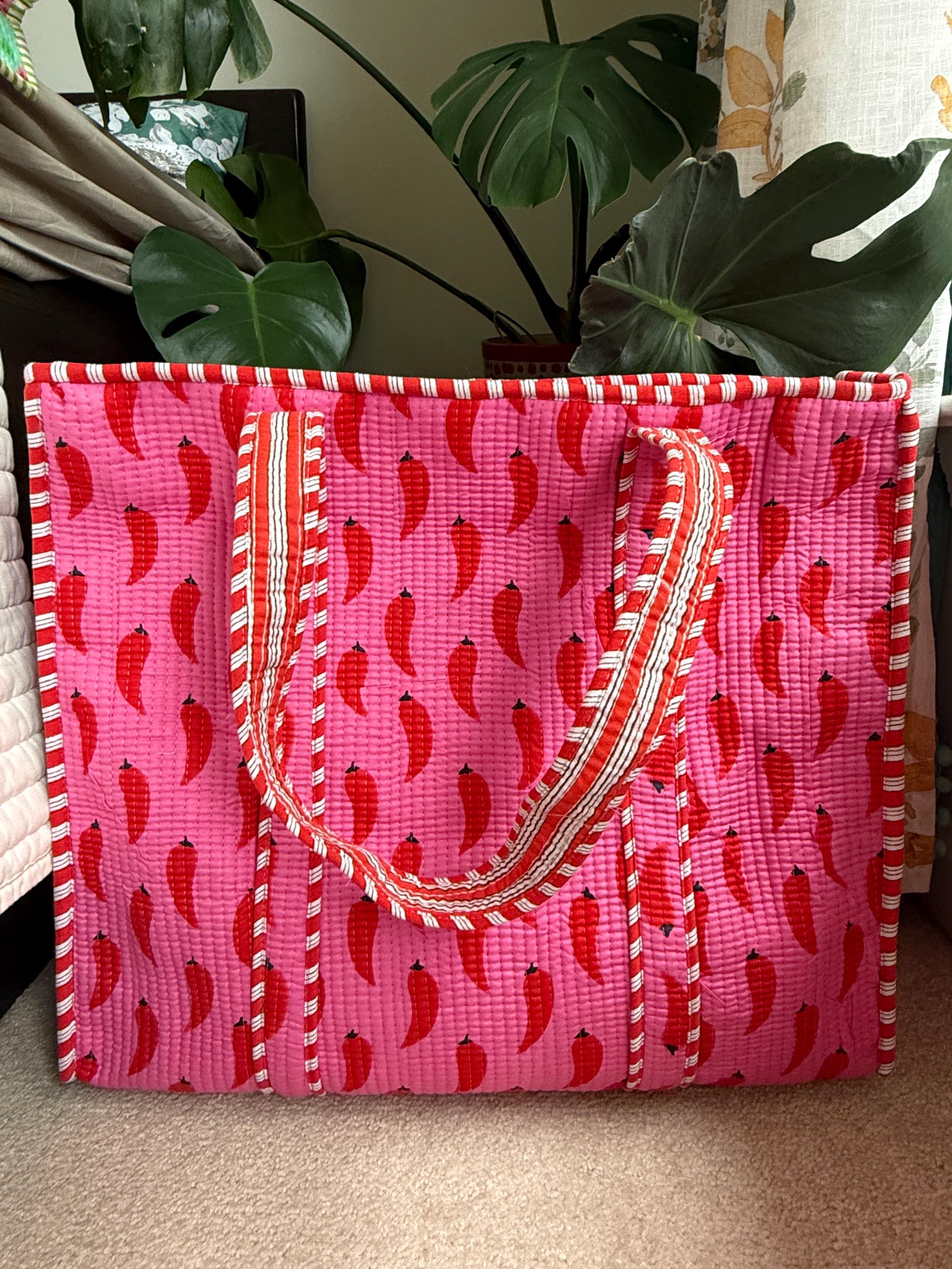 Pink Chillies Print Quilted Cotton Tote Bag |  Market Bag | 18” x 18”