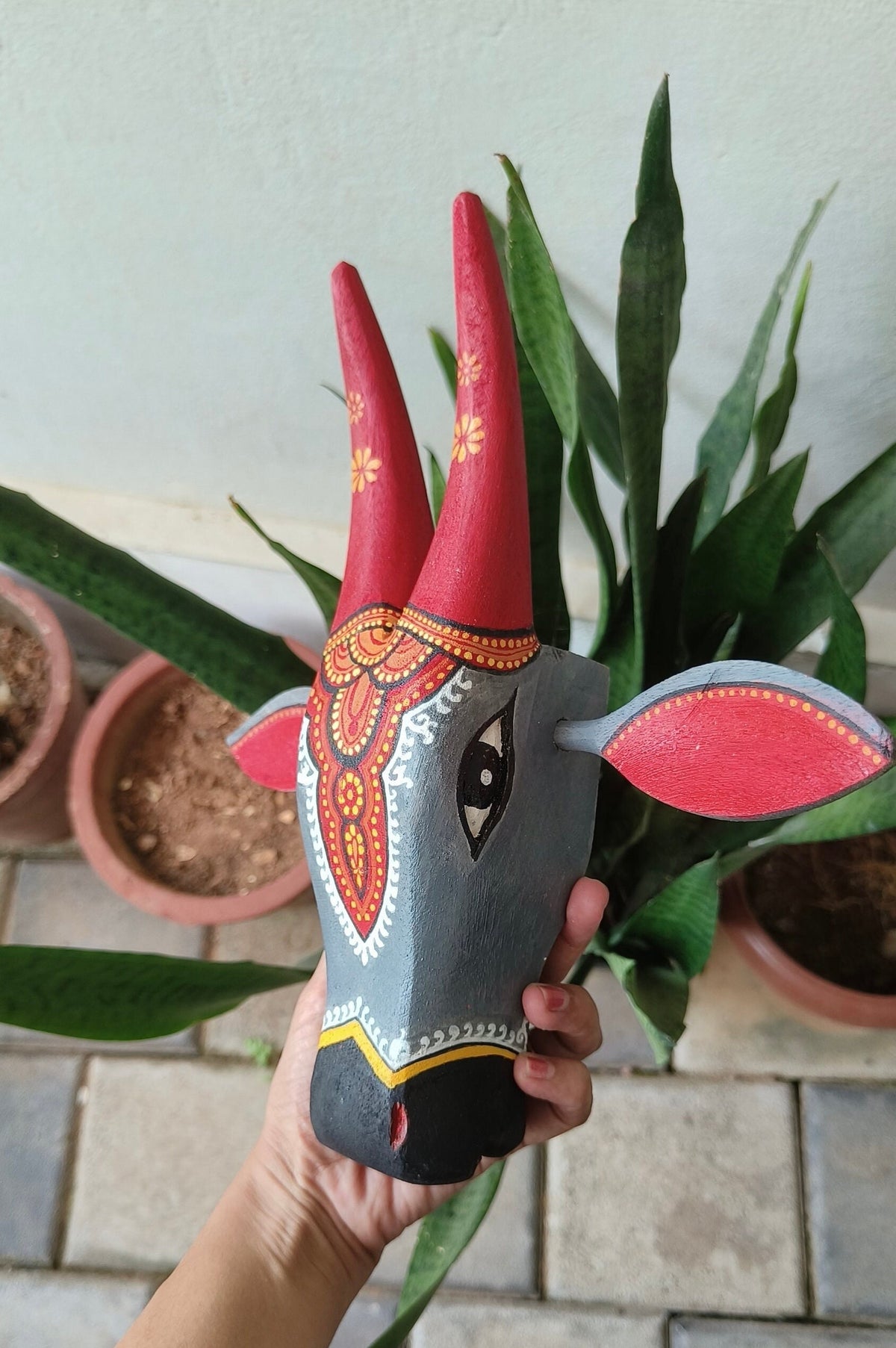 Mango Wood Bull Head Wall Art, Odisha Patachitra Style