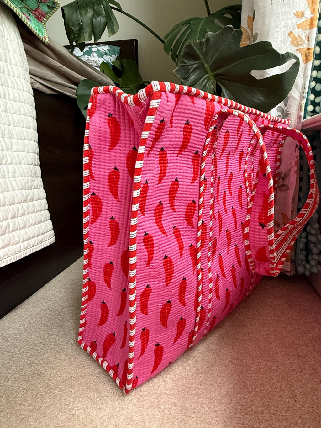 Pink Chillies Print Quilted Cotton Tote Bag |  Market Bag | 18” x 18”