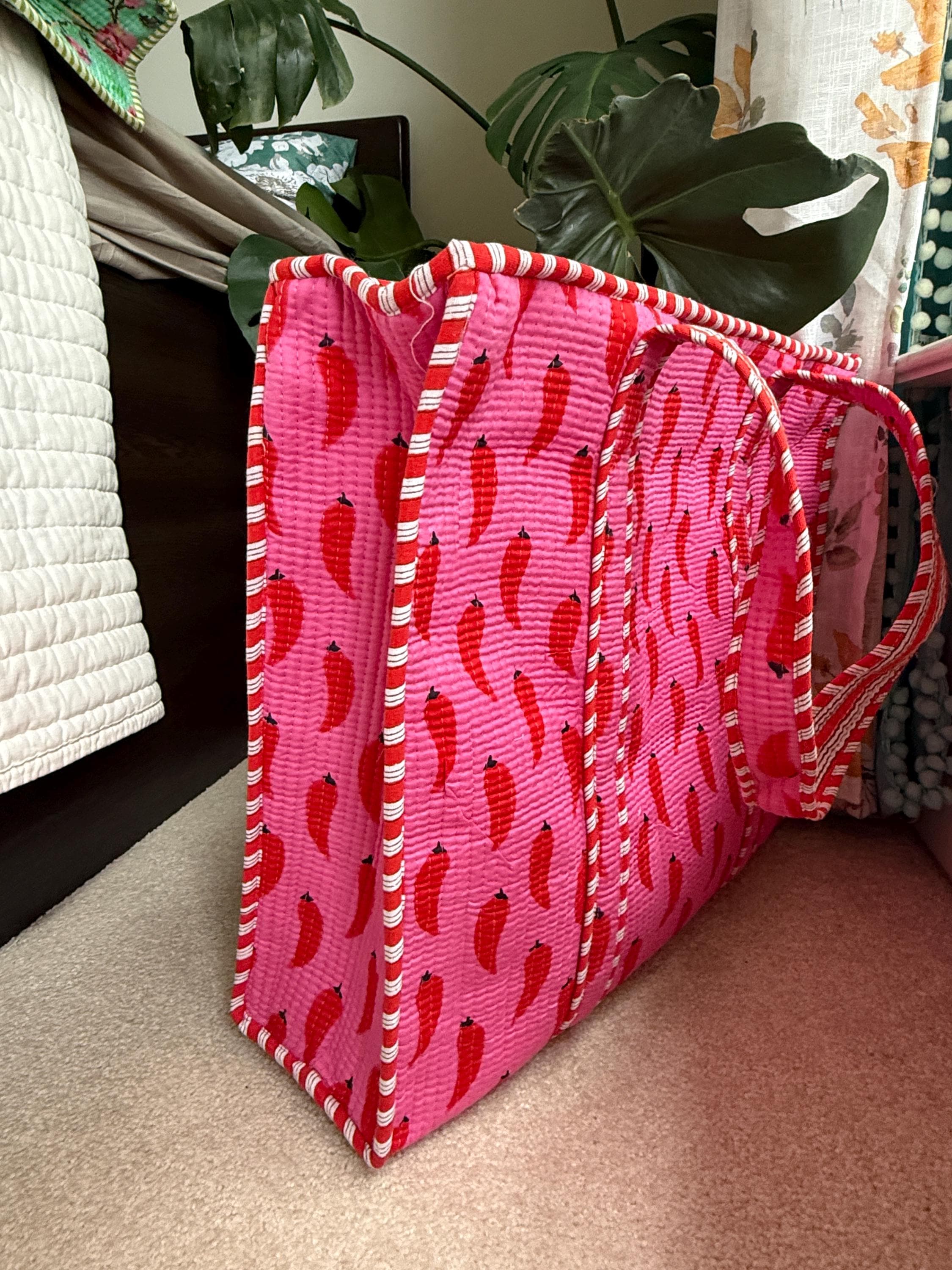 Pink Chillies Print Quilted Cotton Tote Bag |  Market Bag | 18” x 18”