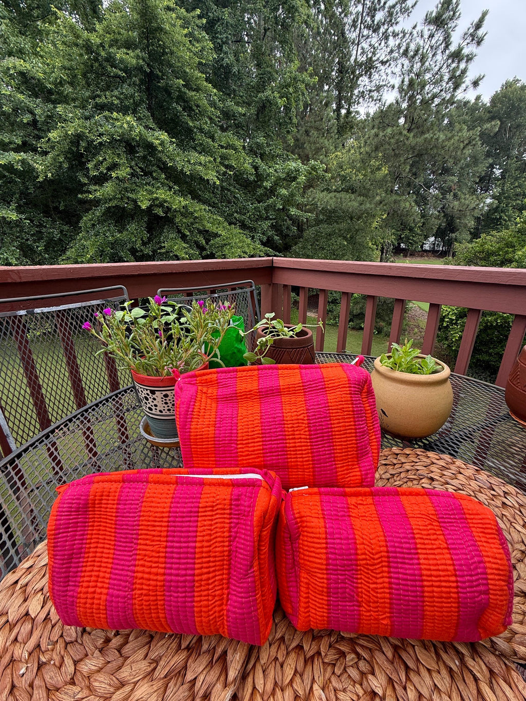 Quilted Cotton Handblock Printed Travel Pouches , Makeup Organizer-Pink Neon