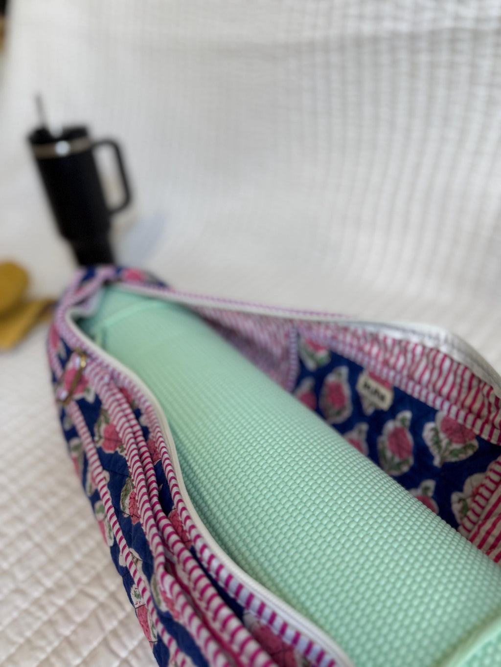 Quilted Block Print Yoga Mat Bag, Boho Gym Tote, Pilates Carrier,Gift for Mom