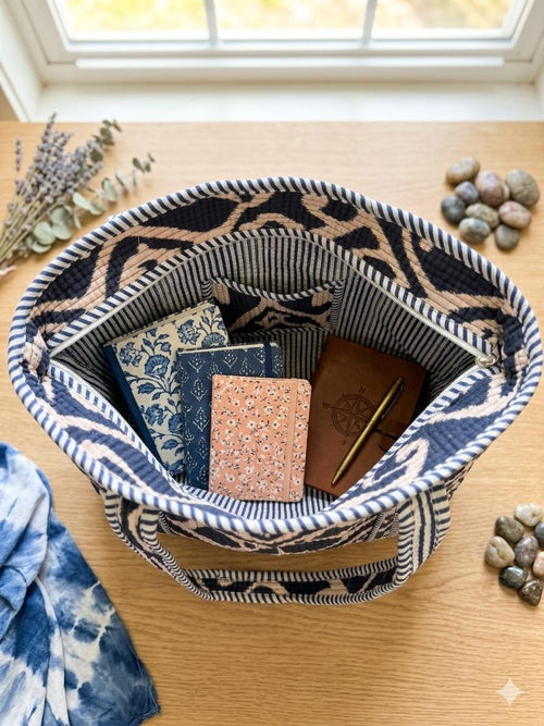 Black and Beige Quilted Cotton Tote Bag |  Market Bag | 18” x 18”