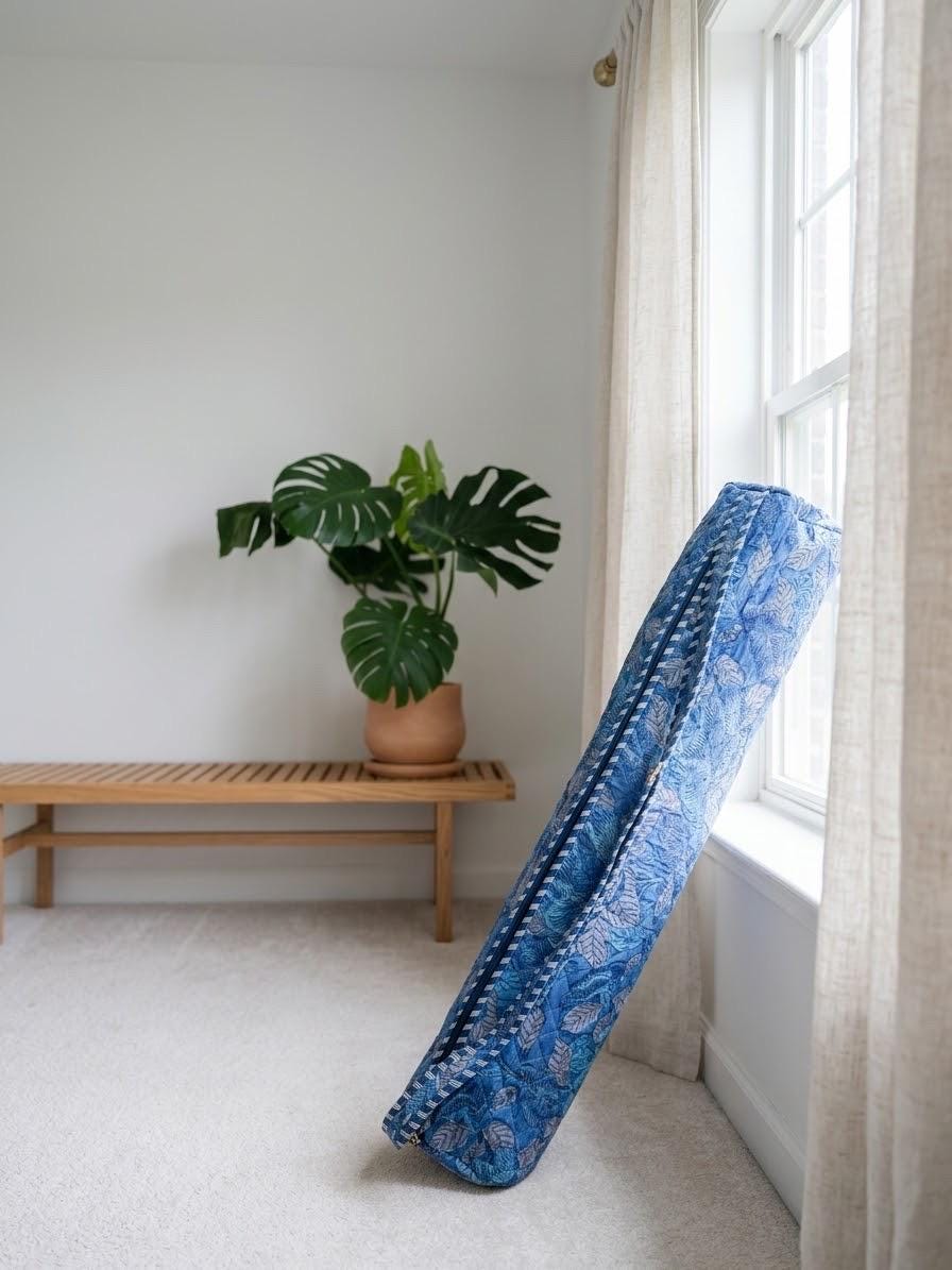 Quilted Cotton Blue Yoga Mat Bag, Block Print Boho Gym Tote, Pilates Carrier
