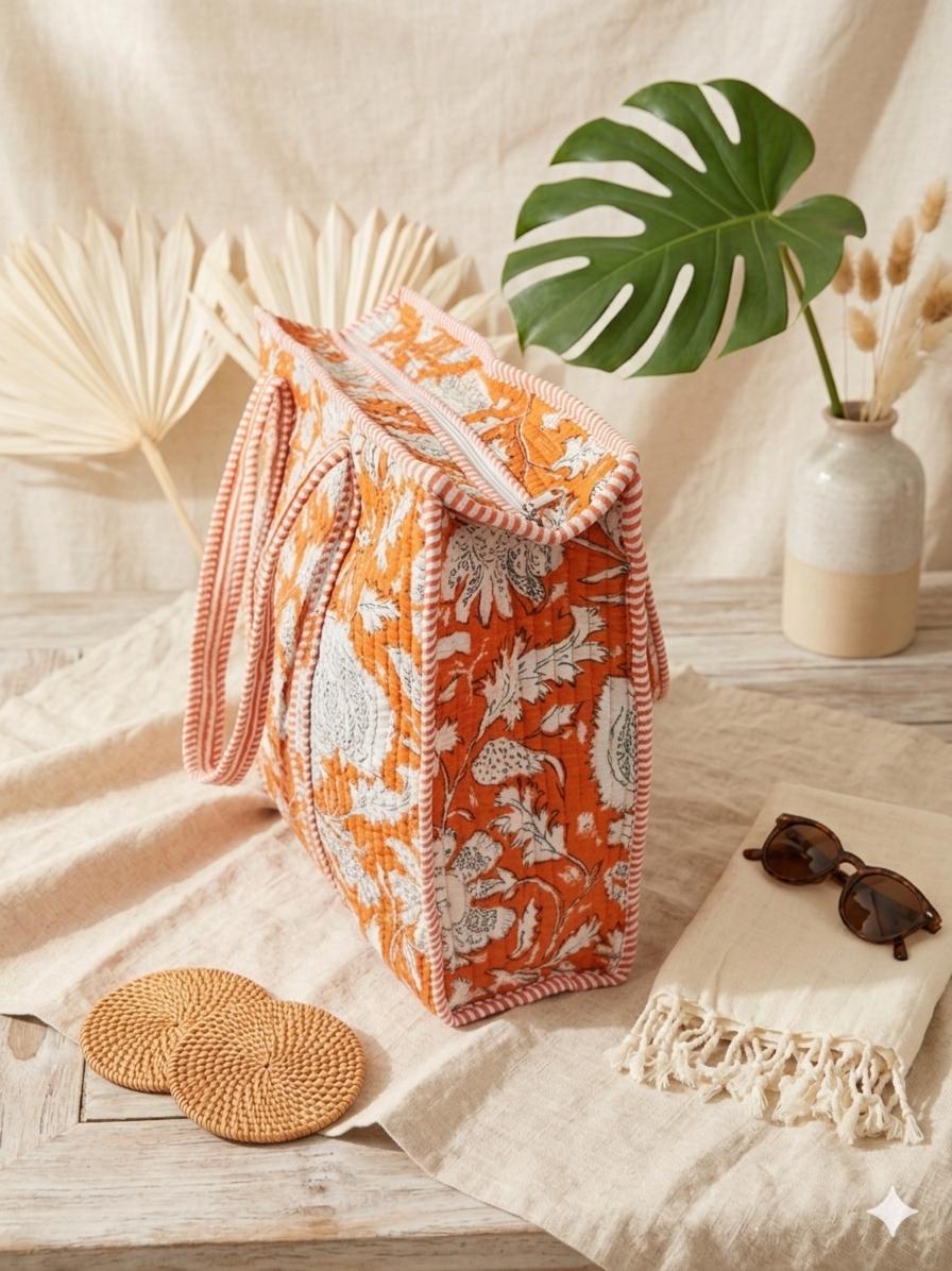 Orange Tote Bag |  Floral Market Bag | 18” x 18”