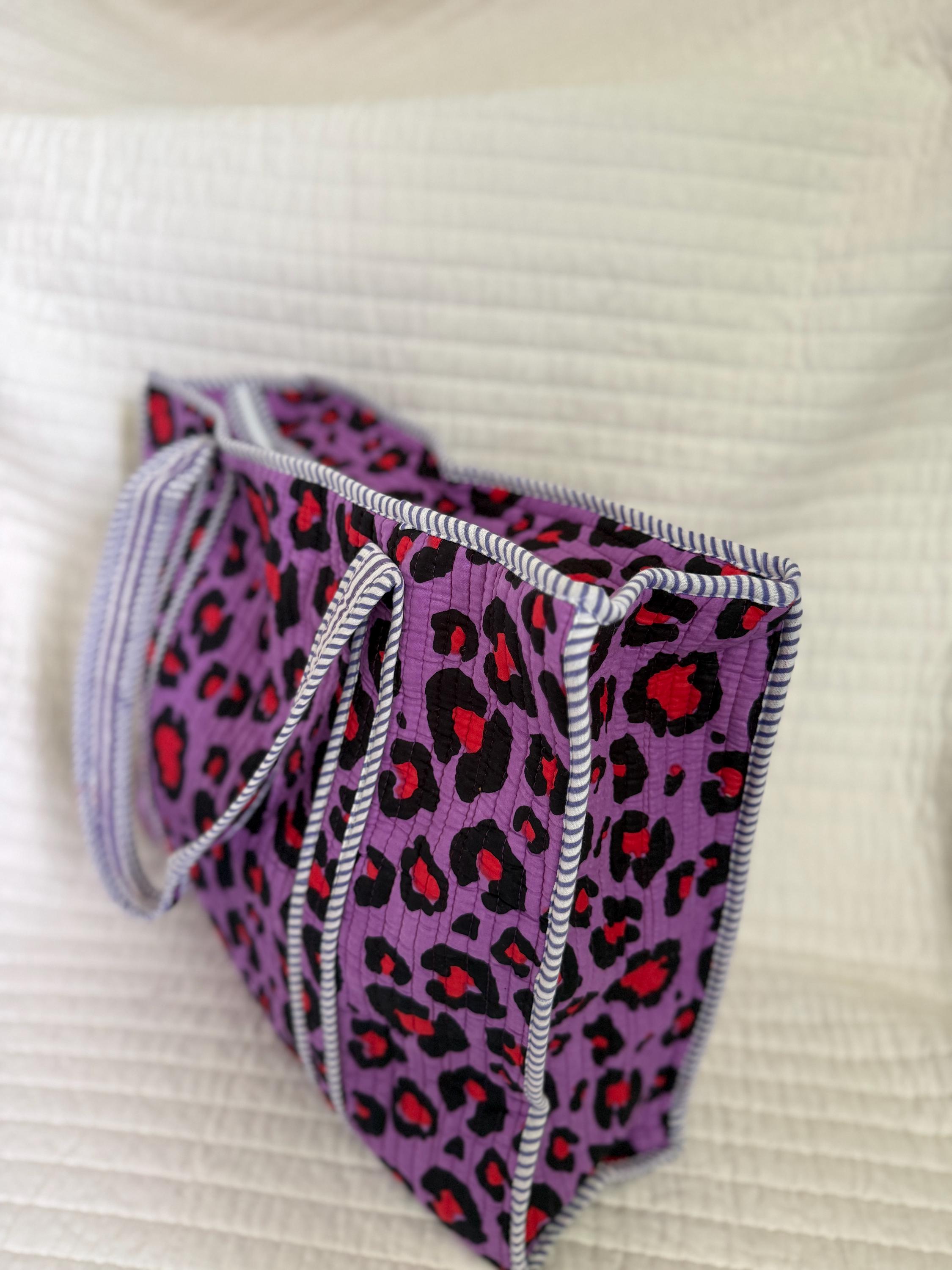 Purple Leopard Print Quilted Cotton Tote Bag |  Market Bag | 18” x 18”