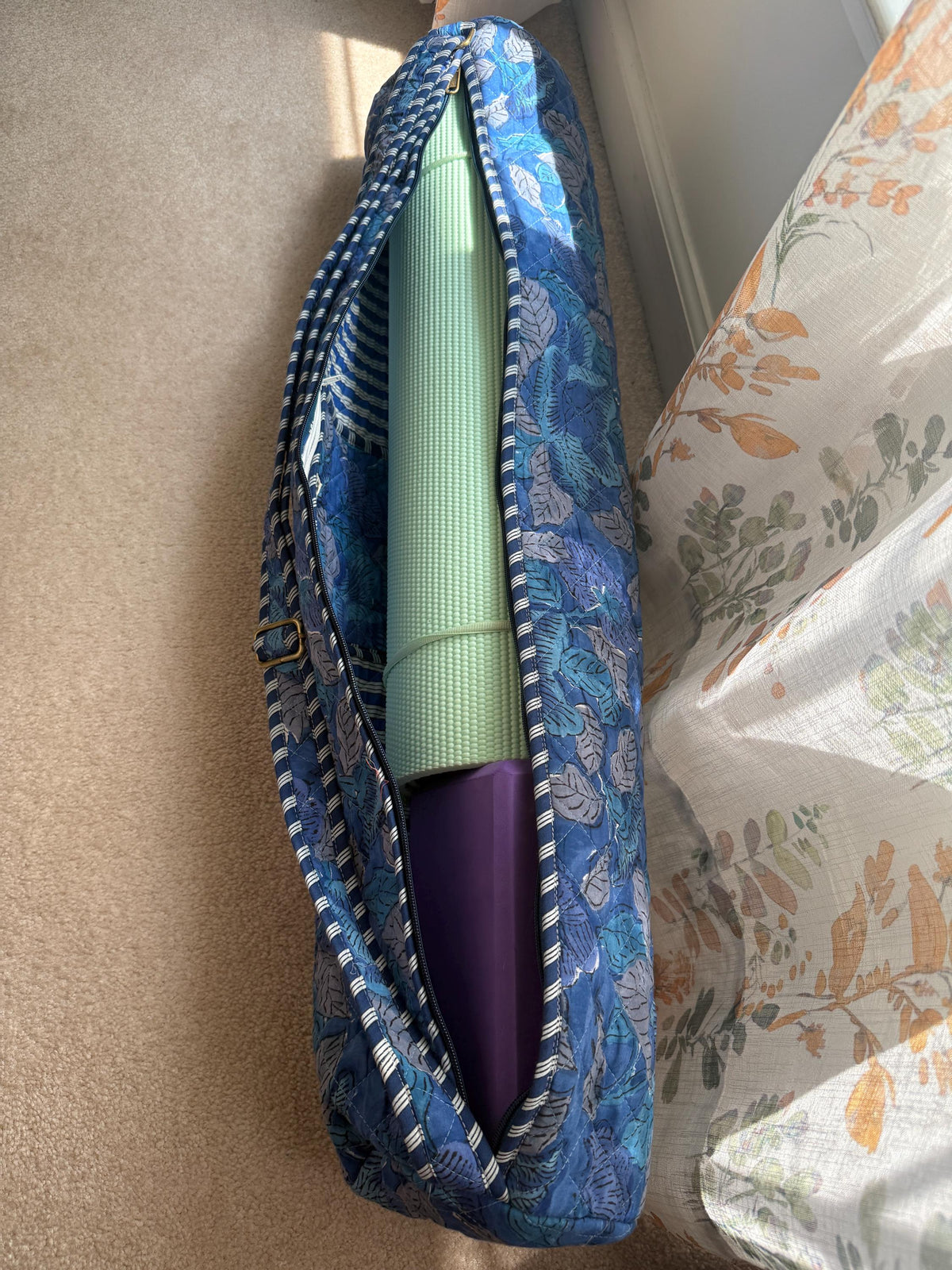 Quilted Cotton Blue Yoga Mat Bag, Block Print Boho Gym Tote, Pilates Carrier