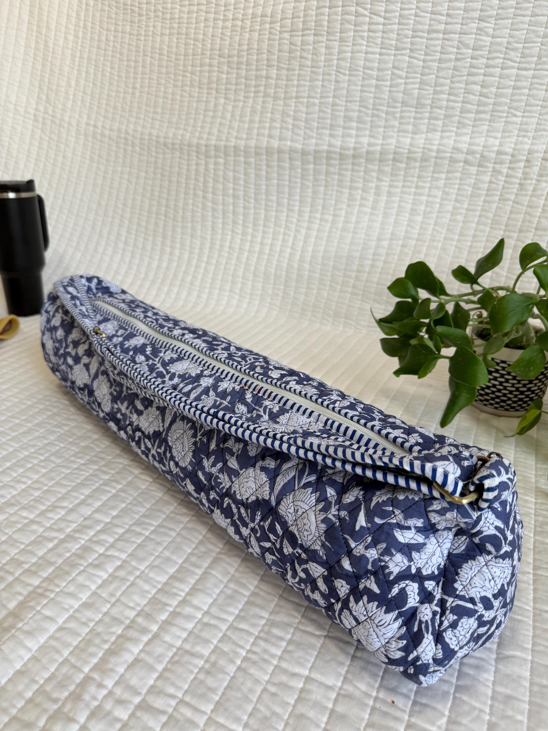 Quilted Cotton Yoga Mat Bag, Block Print Boho Gym Tote, Pilates Carrier