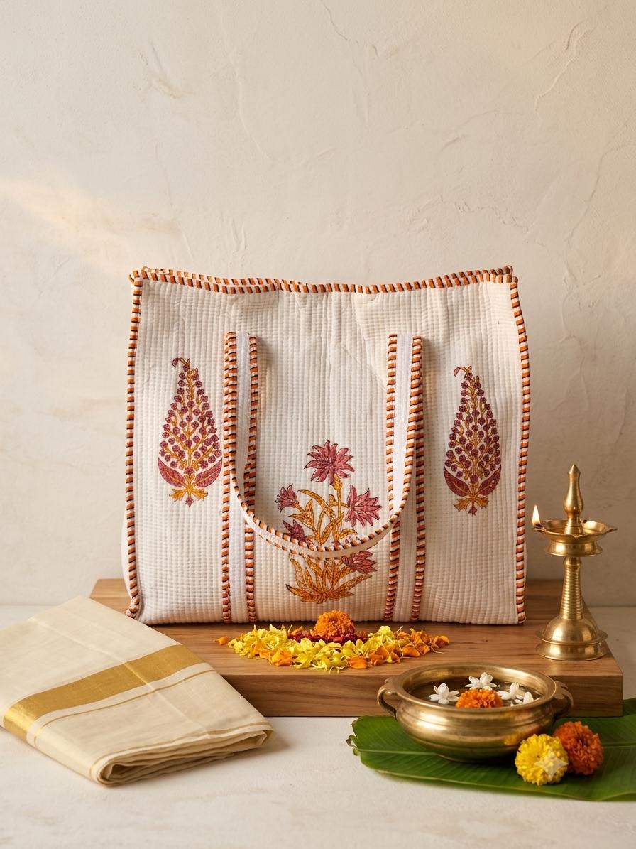 Handblock Printed Quilted Cotton Tote Bag | Onam Gift  Bag