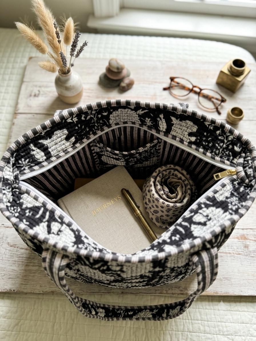 Black and White Quilted Cotton Tote Bag |  Market Bag | 18” x 18”