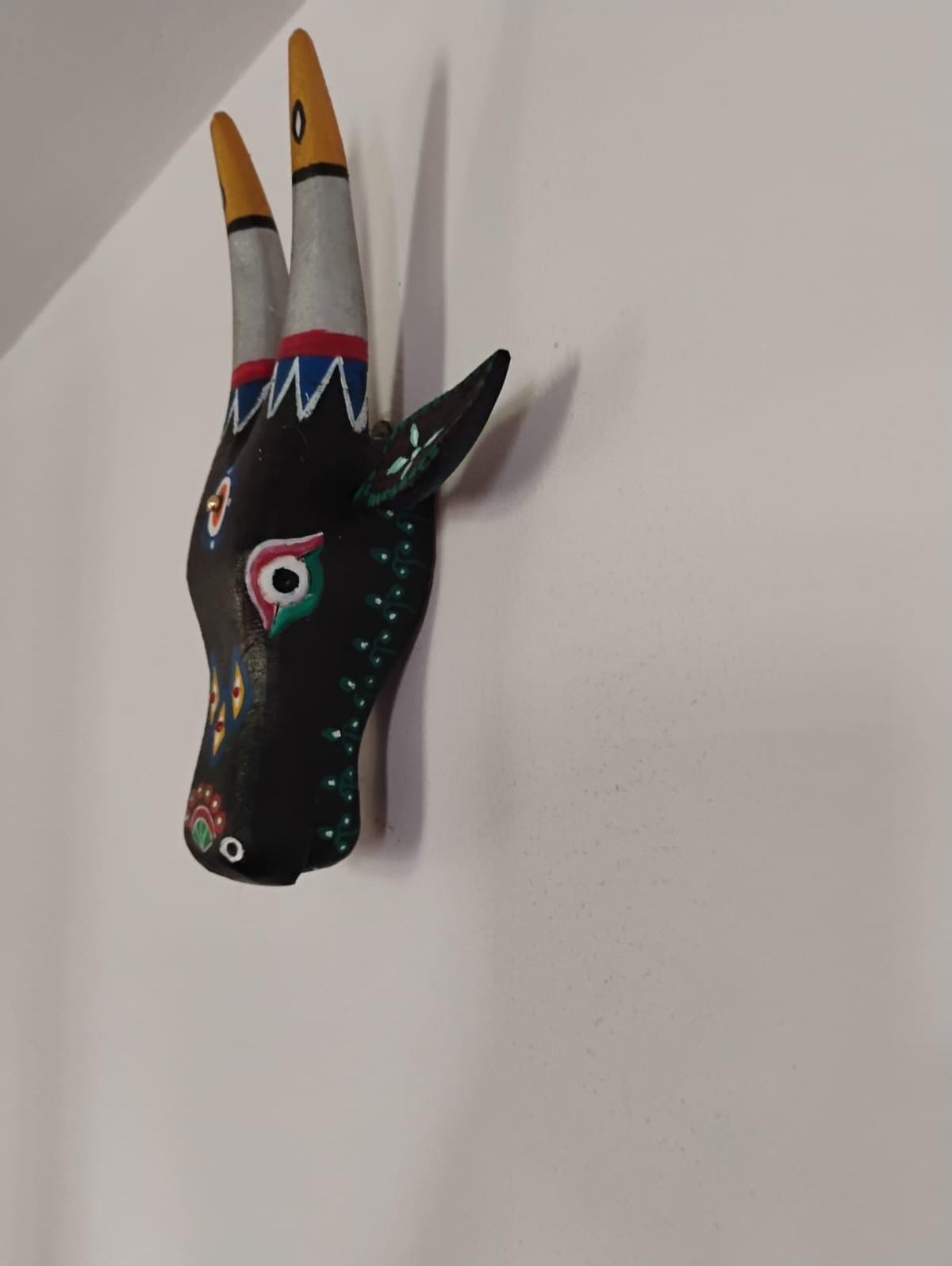 Mango Wood Bull Head Mask, Black & Green Indian Art Wall Hanging