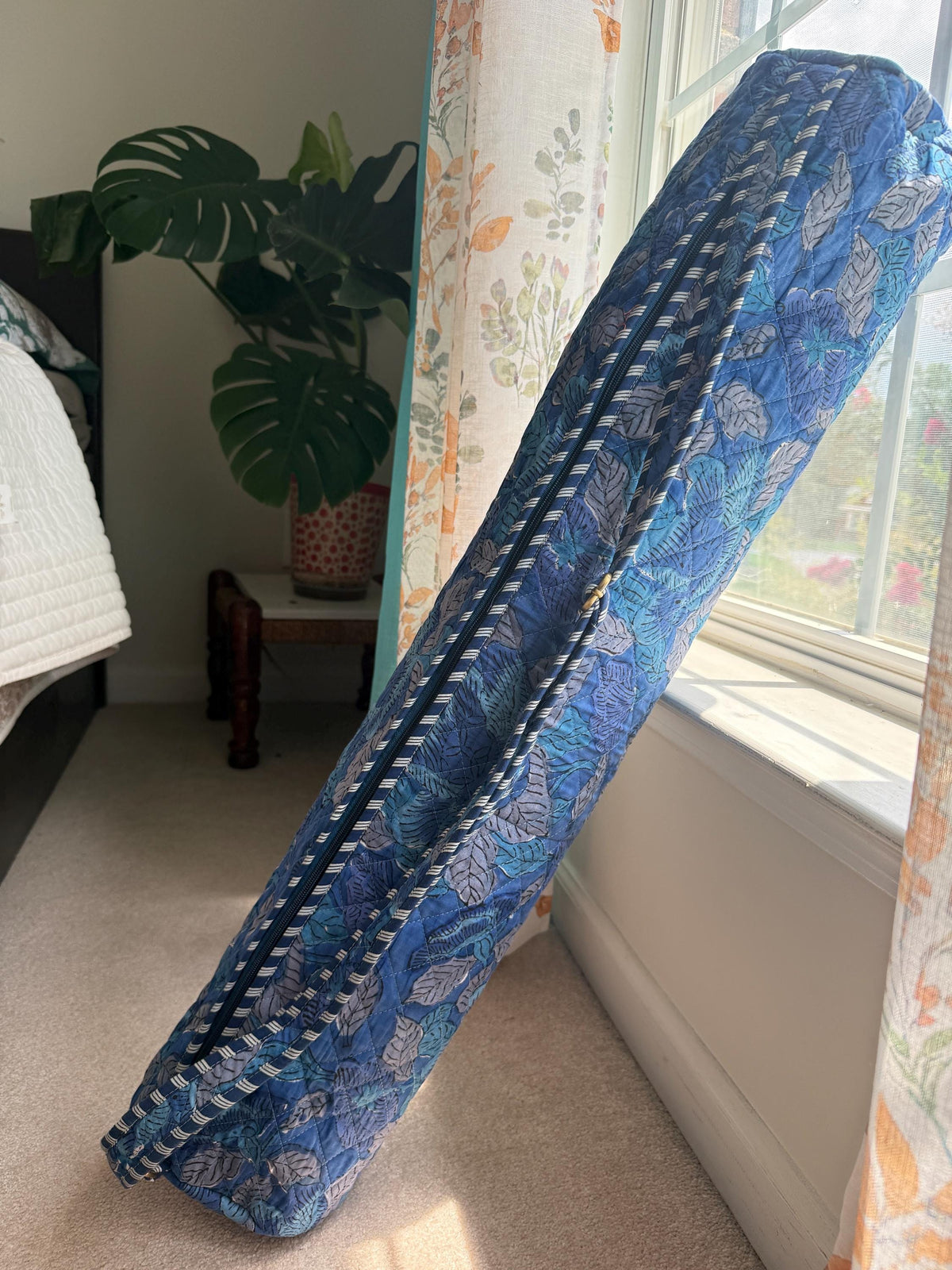 Quilted Cotton Blue Yoga Mat Bag, Block Print Boho Gym Tote, Pilates Carrier