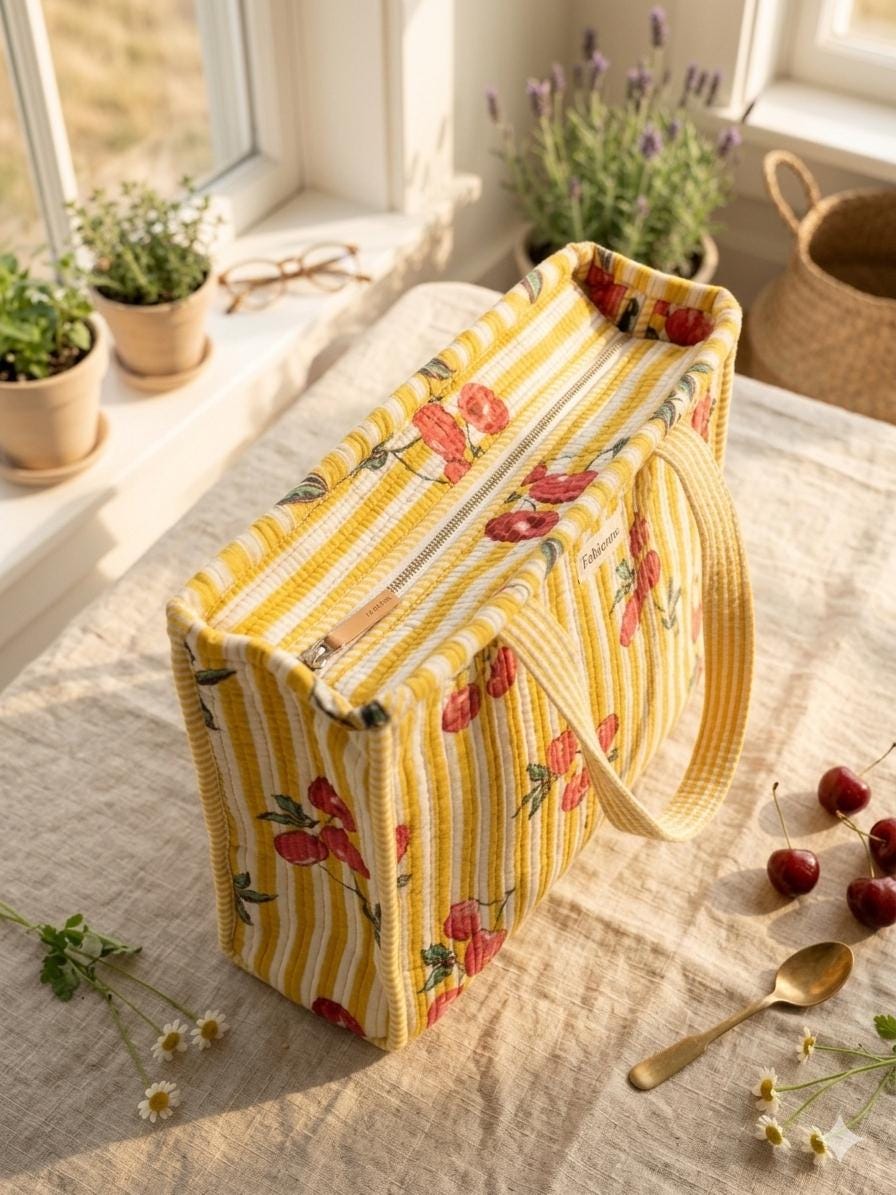 Quilted Cherry Tote Bag, Yellow Stripe, Cottage Core Shoulder Travel Bag