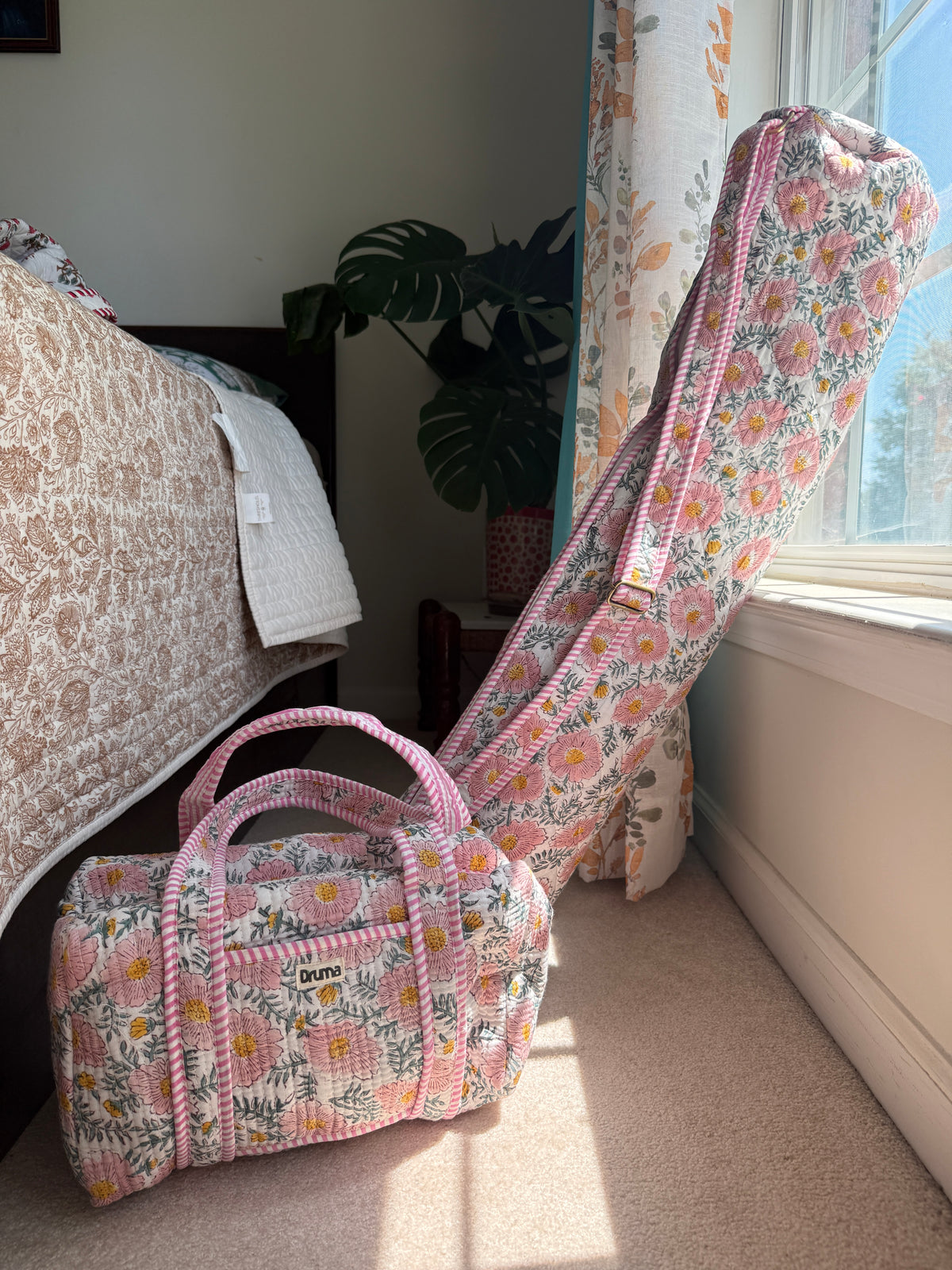 Handblock Print Quilted Cotton Mahjong Set Bag - Gardenia| Floral Mat Case, Tile Pouch