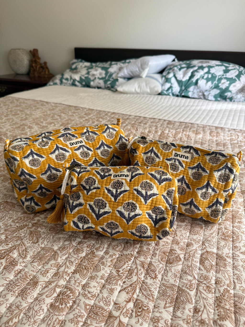 Handblock Printed Quilted Cotton Cosmetic Bag Set : Bagh | Travel Pouch & Toiletry Organizer (Set of 3)
