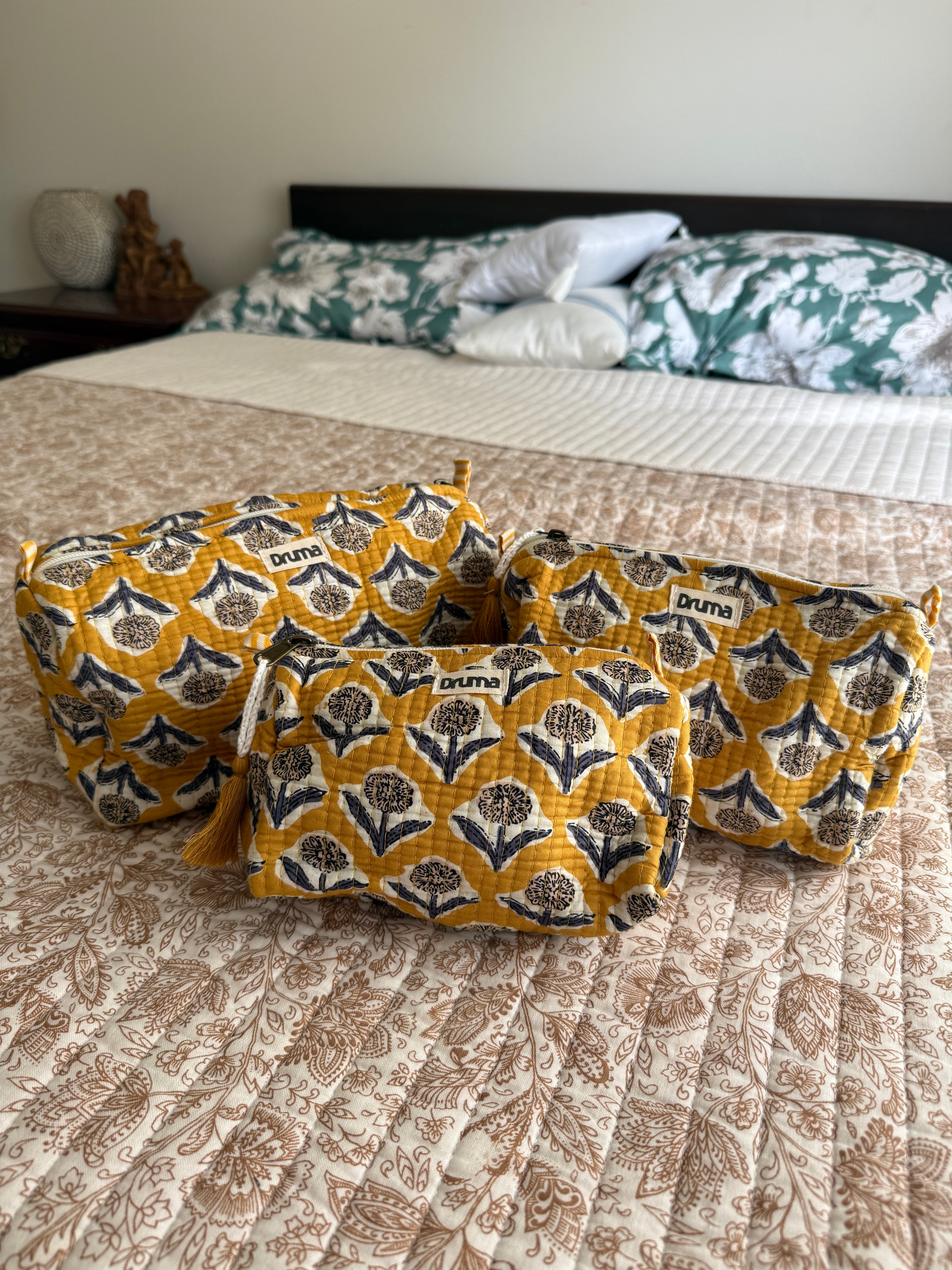 Handblock Printed Quilted Cotton Cosmetic Bag Set : Bagh | Travel Pouch & Toiletry Organizer (Set of 3)