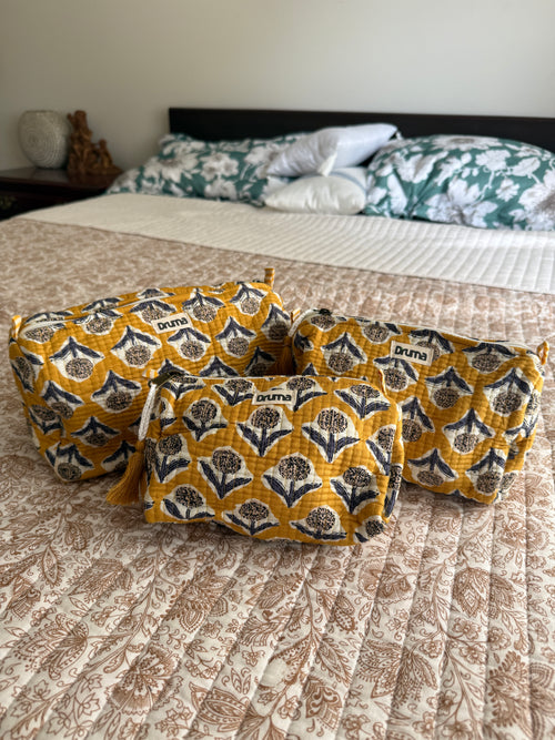 Handblock Printed Quilted Cotton Cosmetic Bag Set : Bagh | Travel Pouch & Toiletry Organizer (Set of 3)