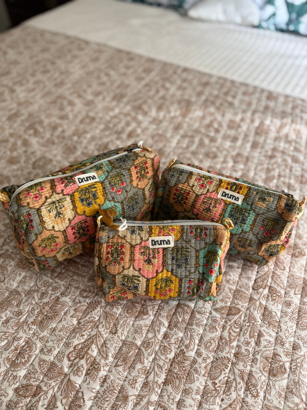 Quilted Cotton Cosmetic Bag Set : Jharokha  | Travel Pouch & Toiletry Organizer (Set of 3)