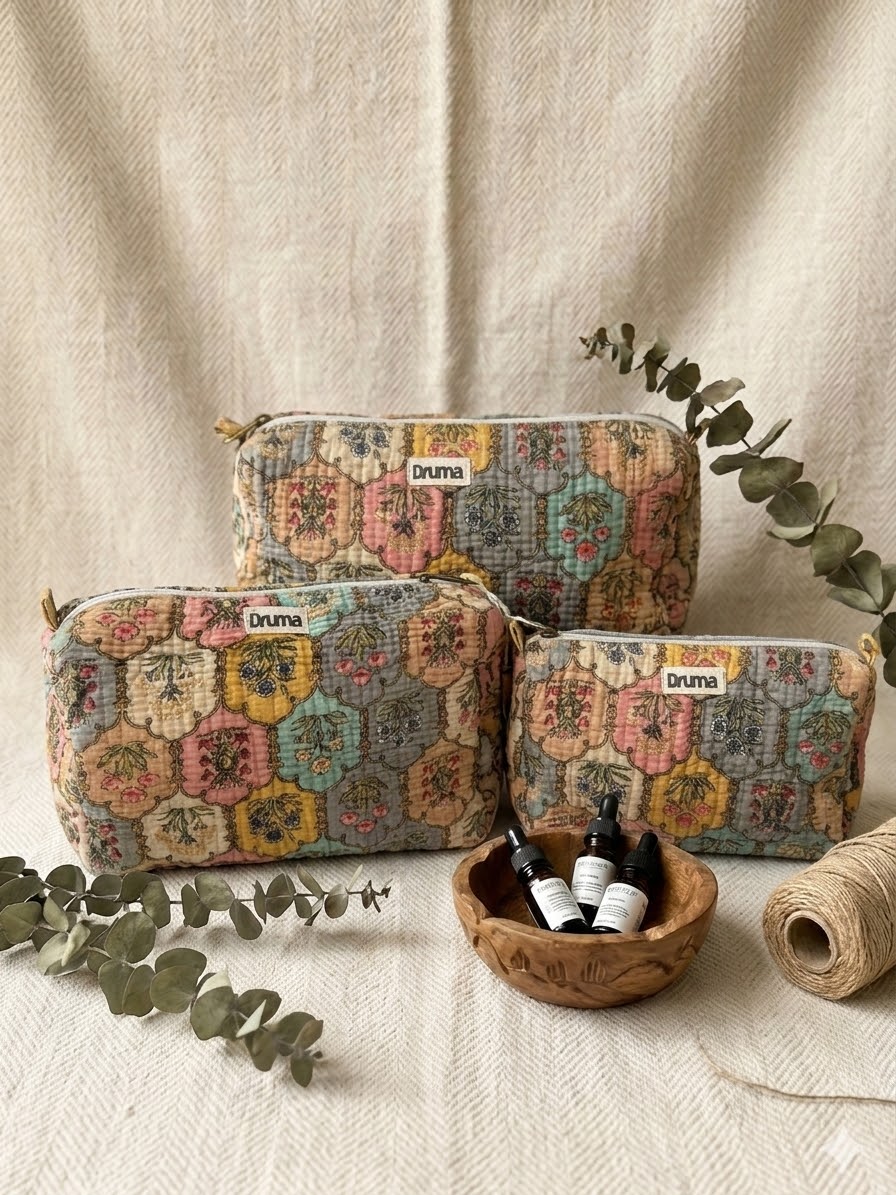 Quilted Cotton Cosmetic Bag Set : Jharokha  | Travel Pouch & Toiletry Organizer (Set of 3)